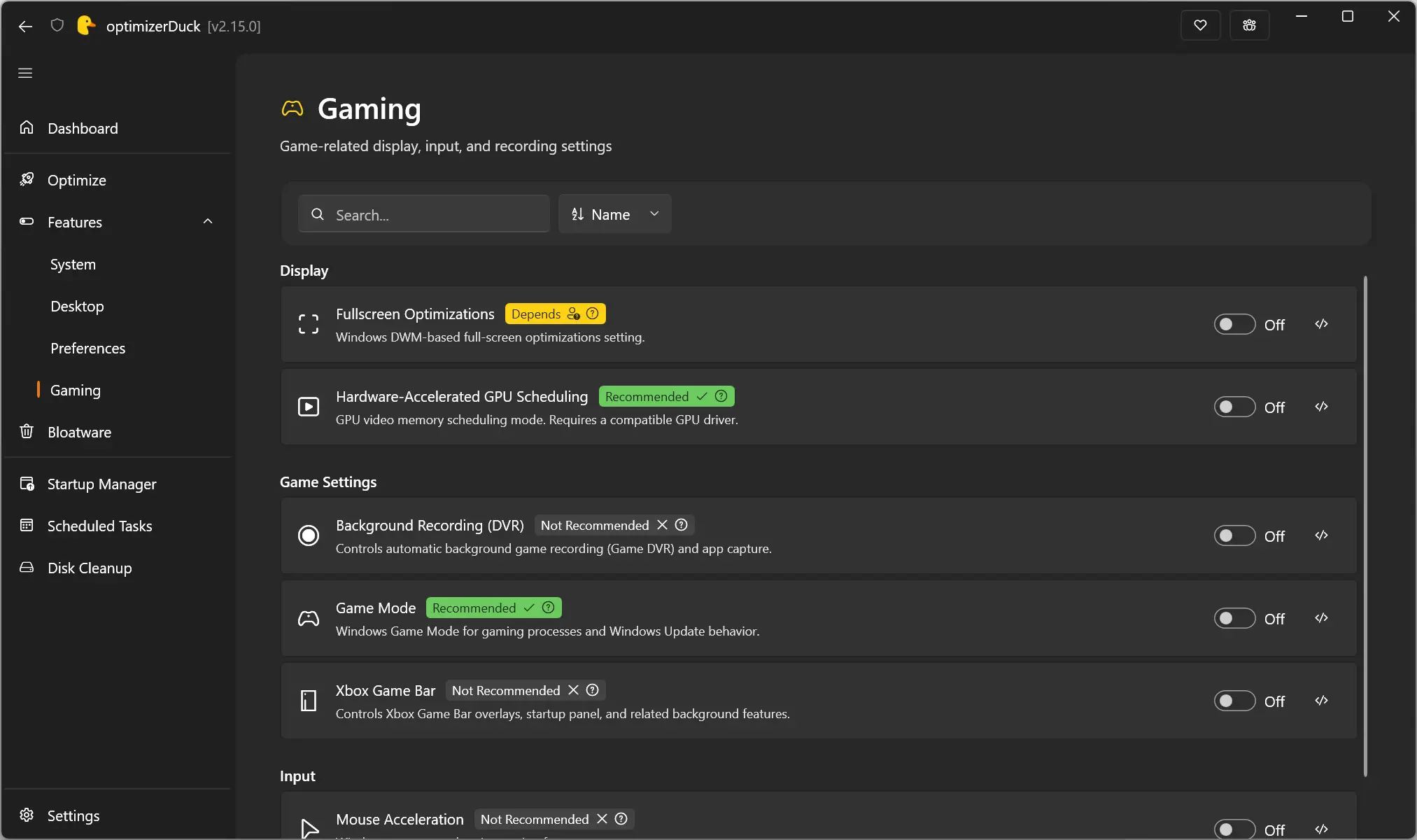 Paramètres de jeu optimiseurDuck, mode jeu, barre de jeu et planification GPU matérielle