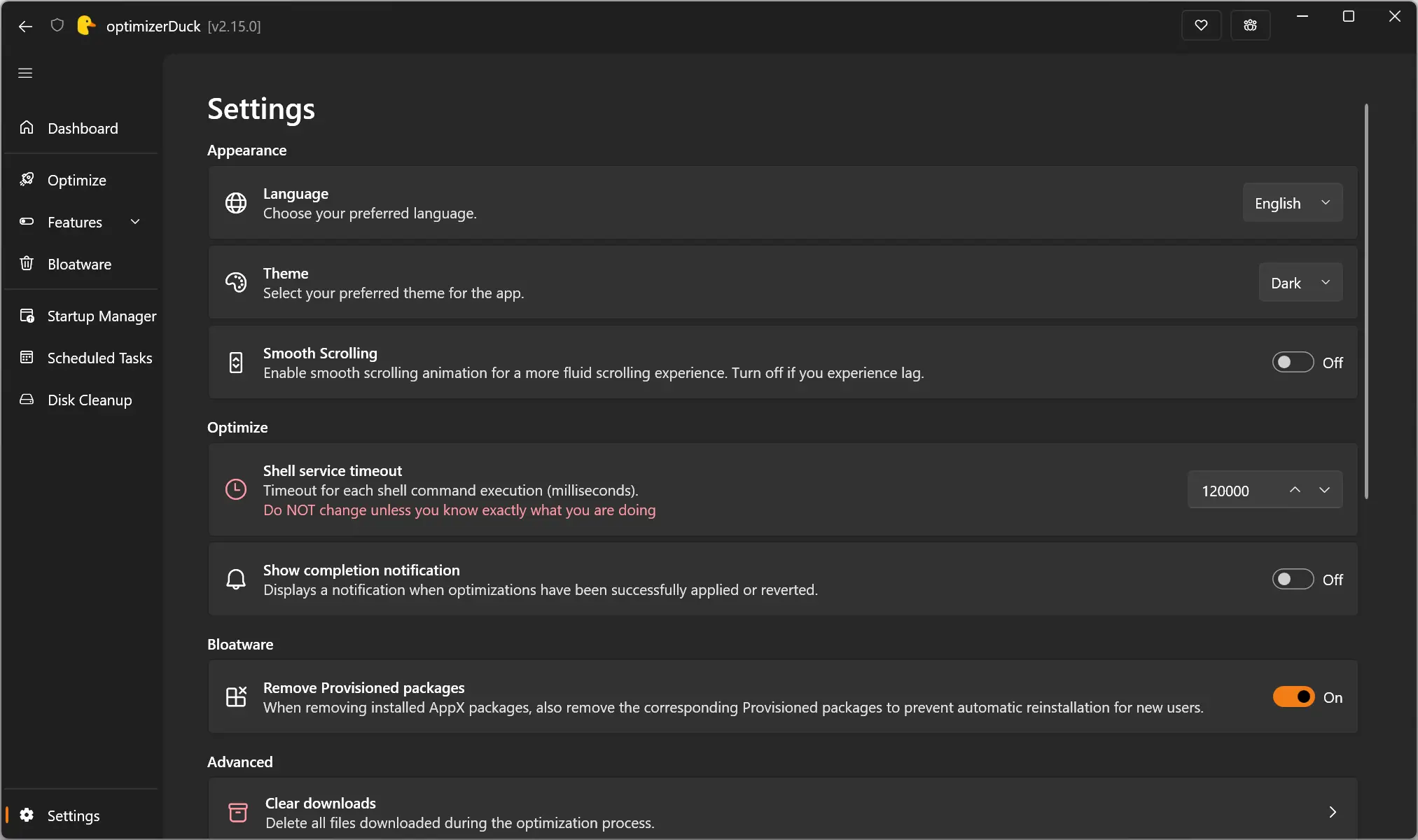 Page des paramètres d'optimiserDuck avec des options de gestion de thèmes et de packages provisionnés
