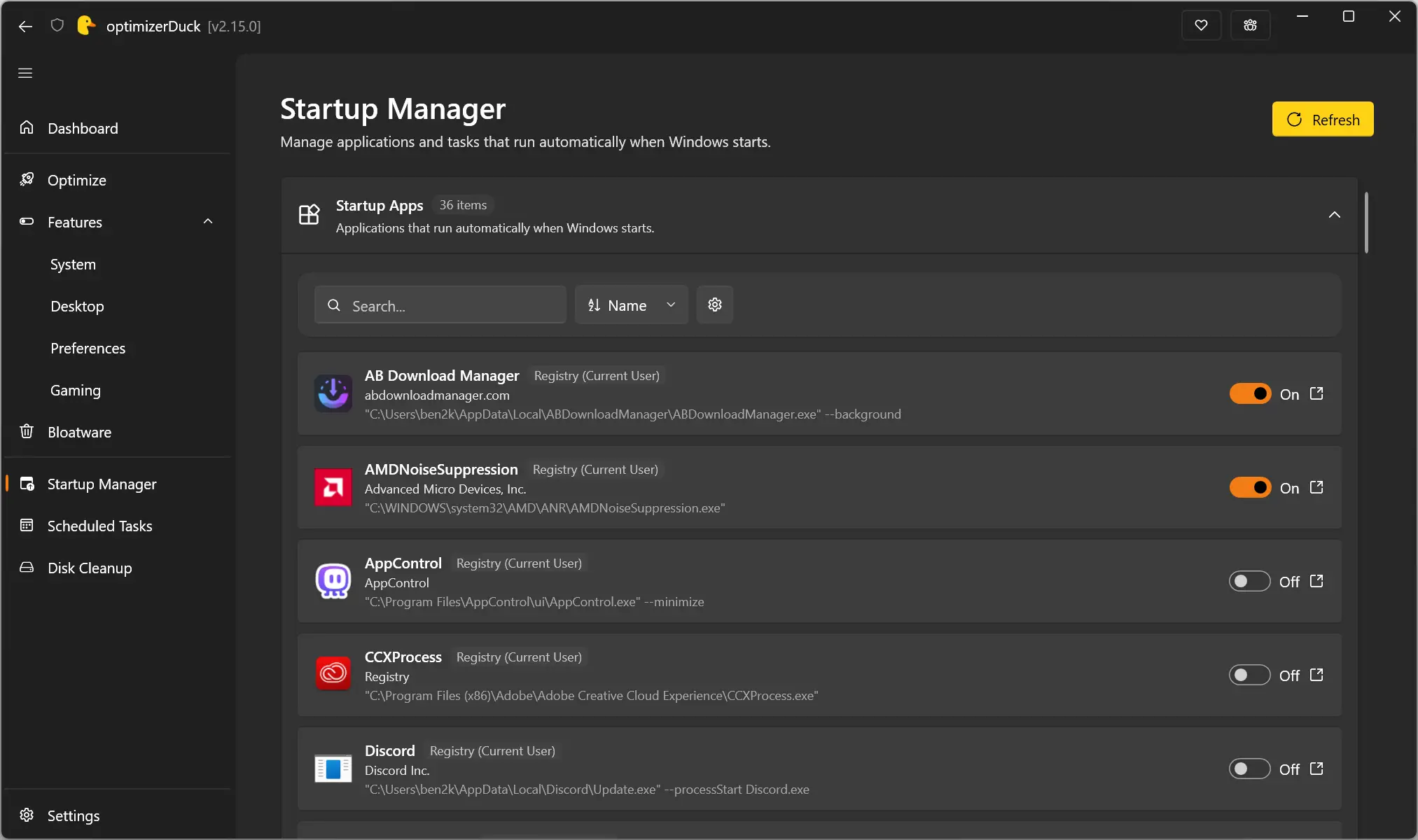 Gestionnaire d'applications de démarrage dans optimiseurDuck sous Windows 11