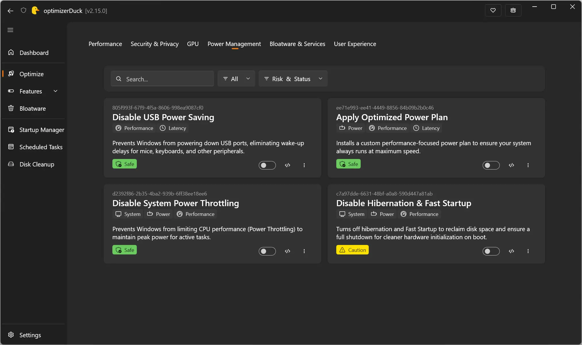 Options de gestion de l'alimentation dans optimiseurDuck sous Windows 11