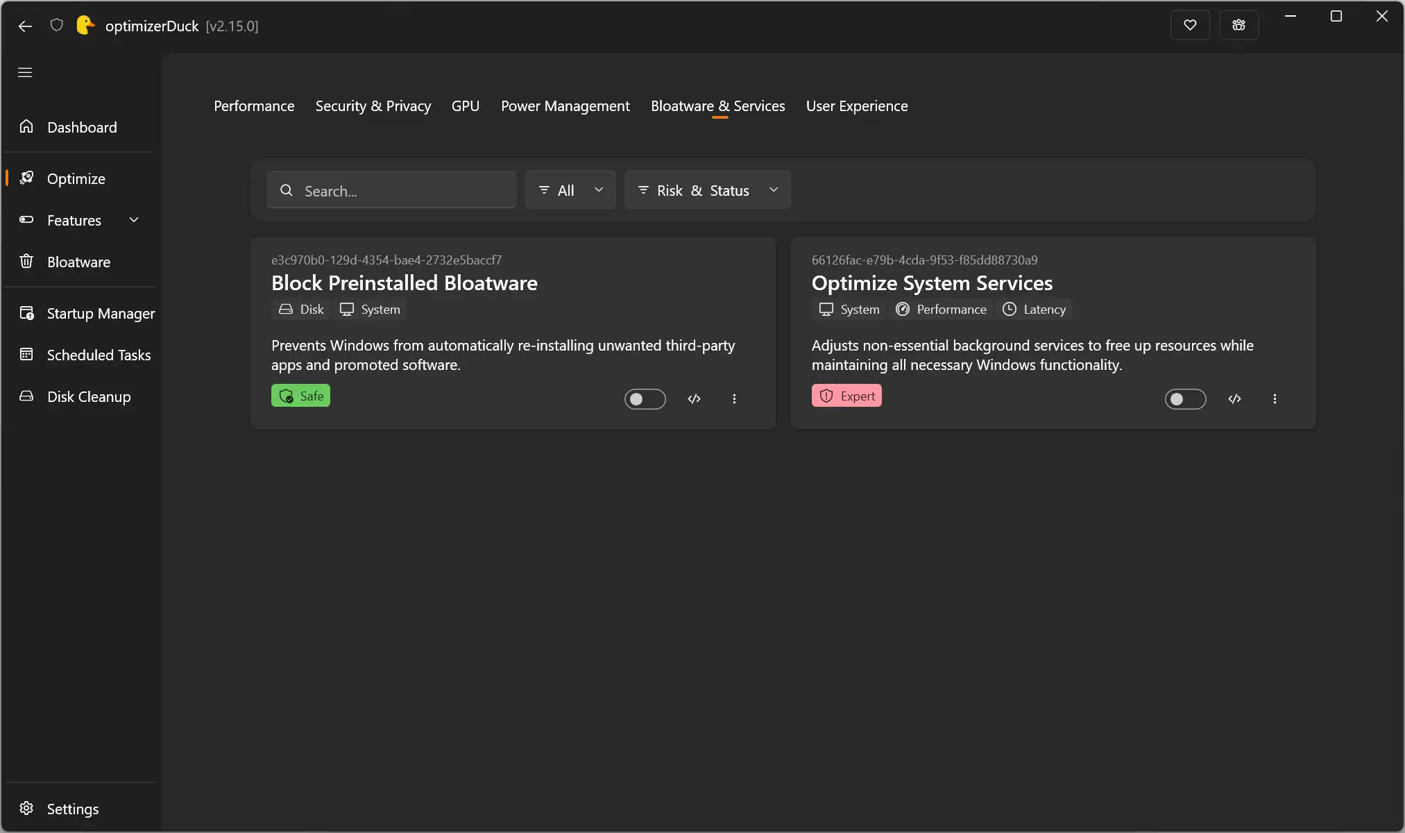 Section Bloatware et services d'optimiseurDuck avec options d'optimisation