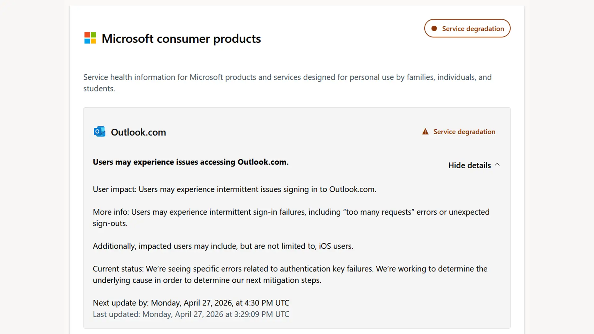 Page d'état Microsoft indiquant une dégradation du service Outlook.com le 27 avril 2026