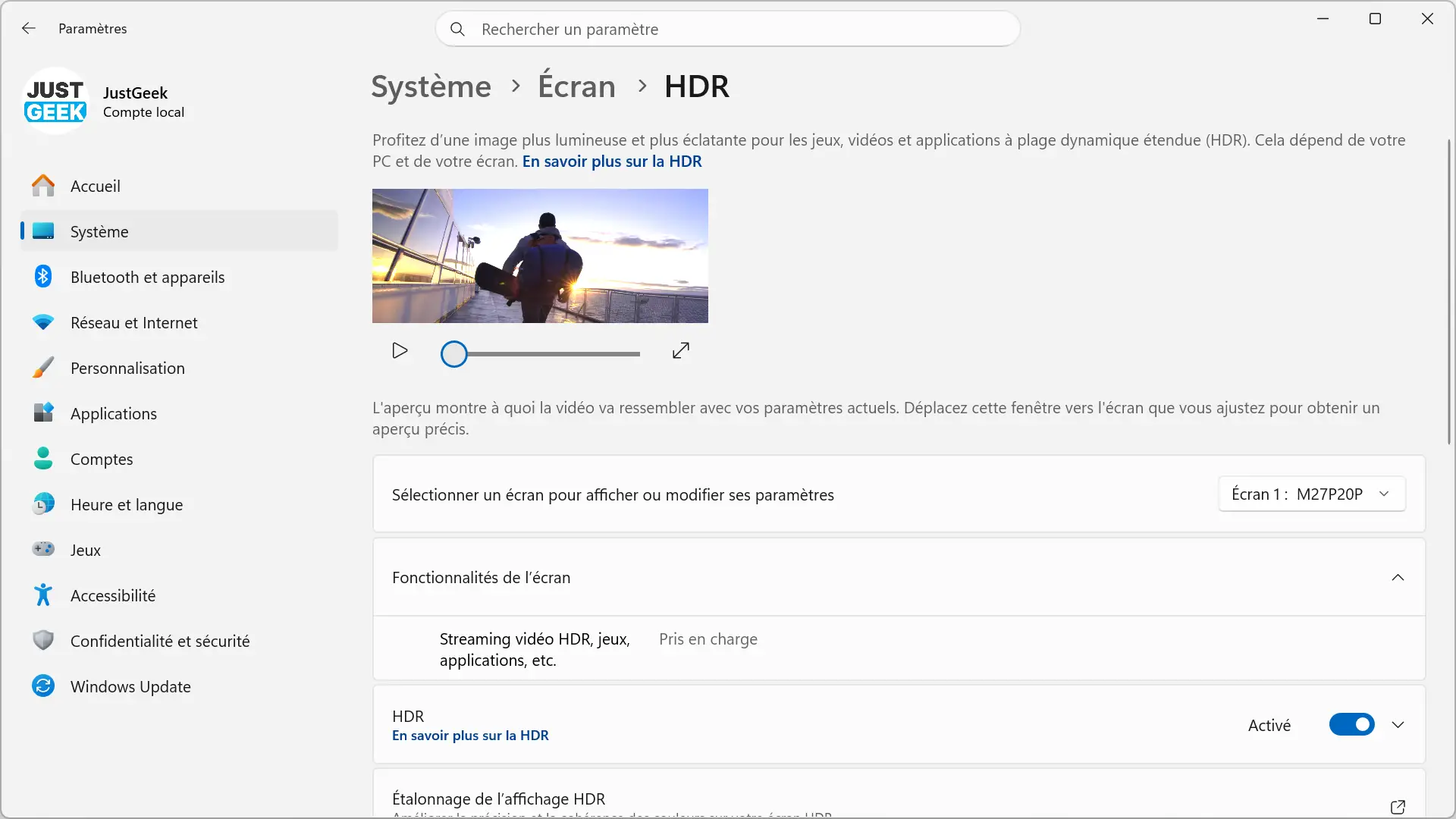 Paramètres HDR disponibles dans Windows 11