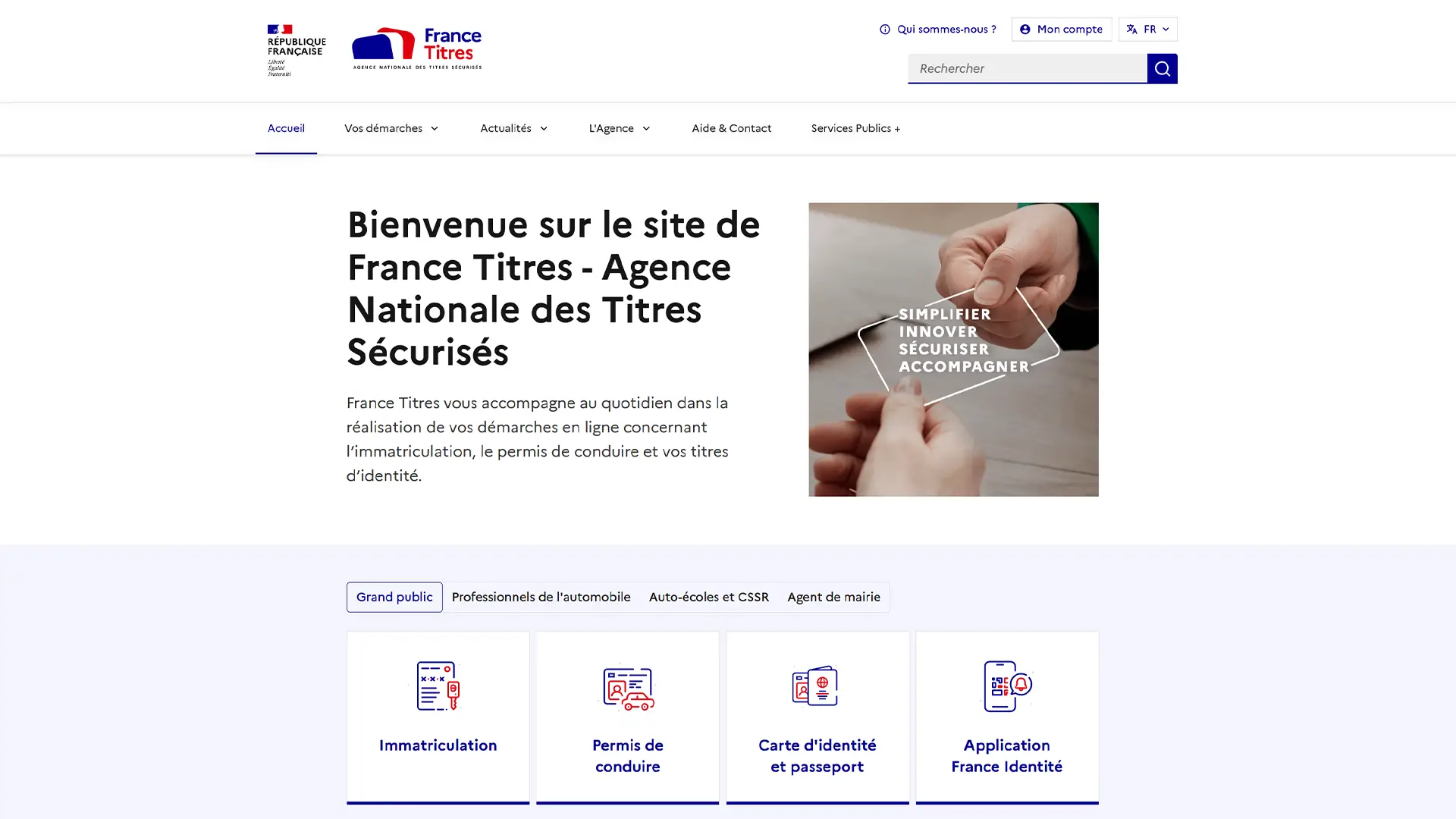 Page d'accueil du portail France Titres (ants.gouv.fr), l'Agence Nationale des Titres Sécurisés