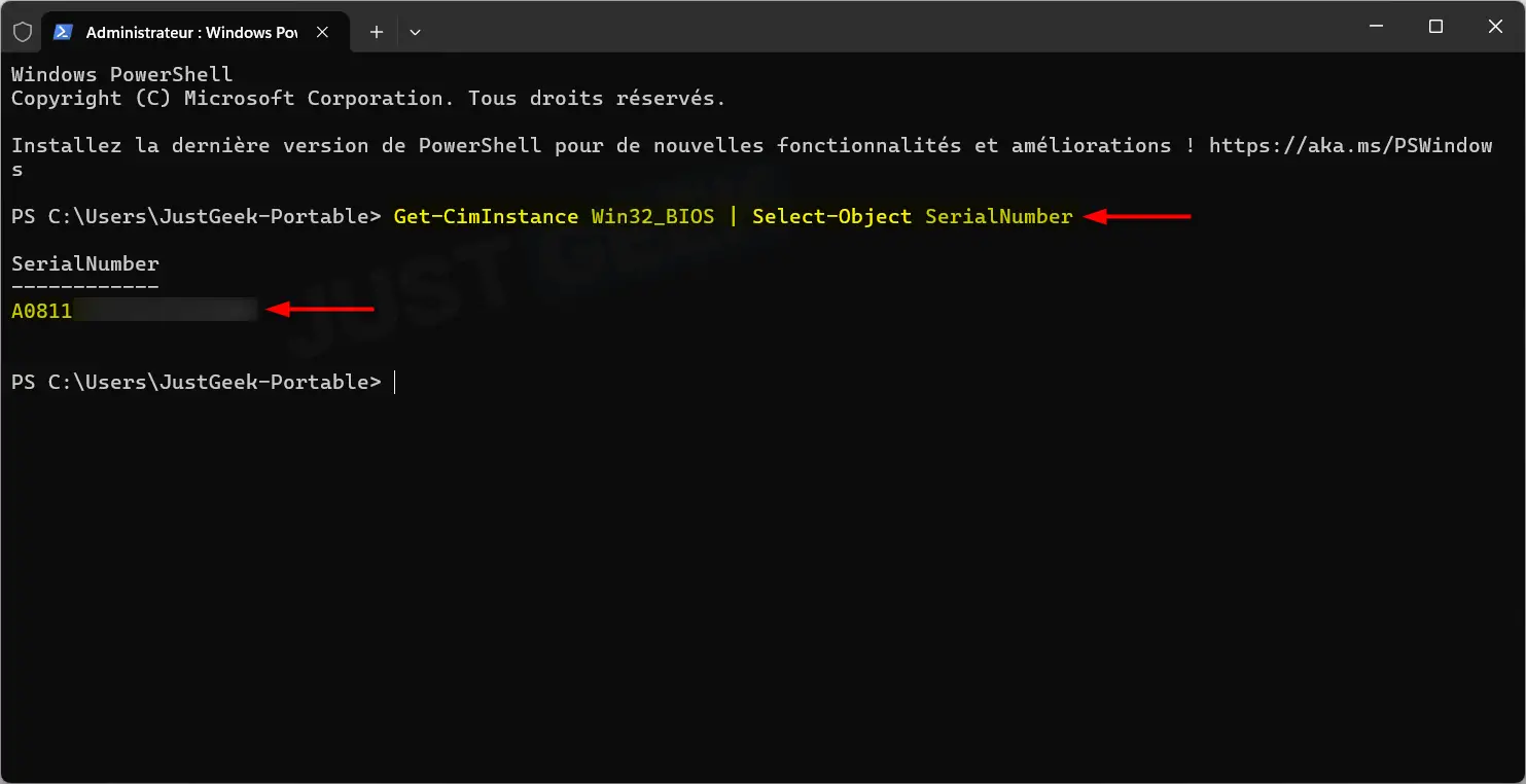 Commande PowerShell Get-CimInstance pour afficher le numéro de série du PC