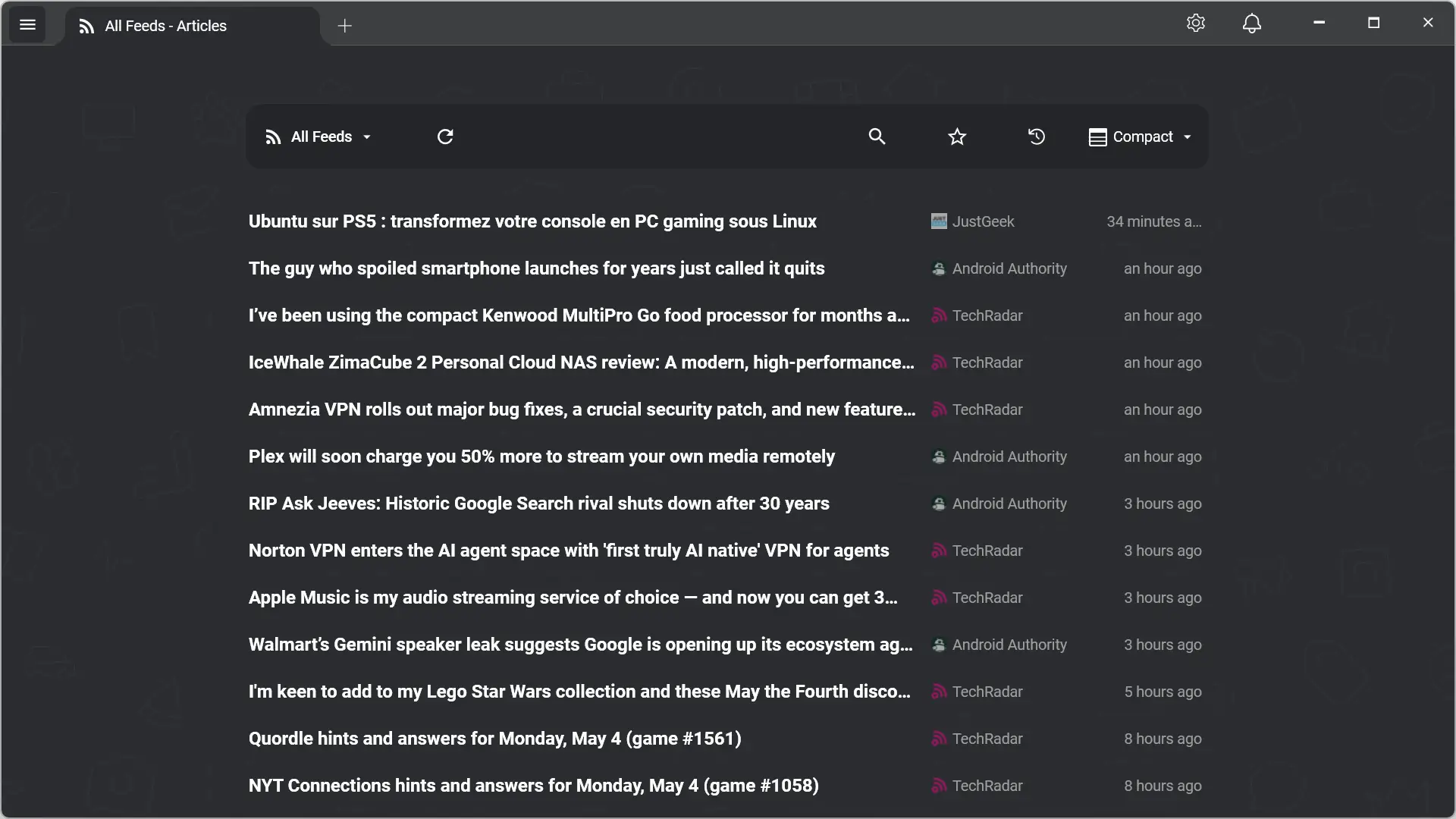 RSSly – Vue compacte avec affichage des titres uniquement