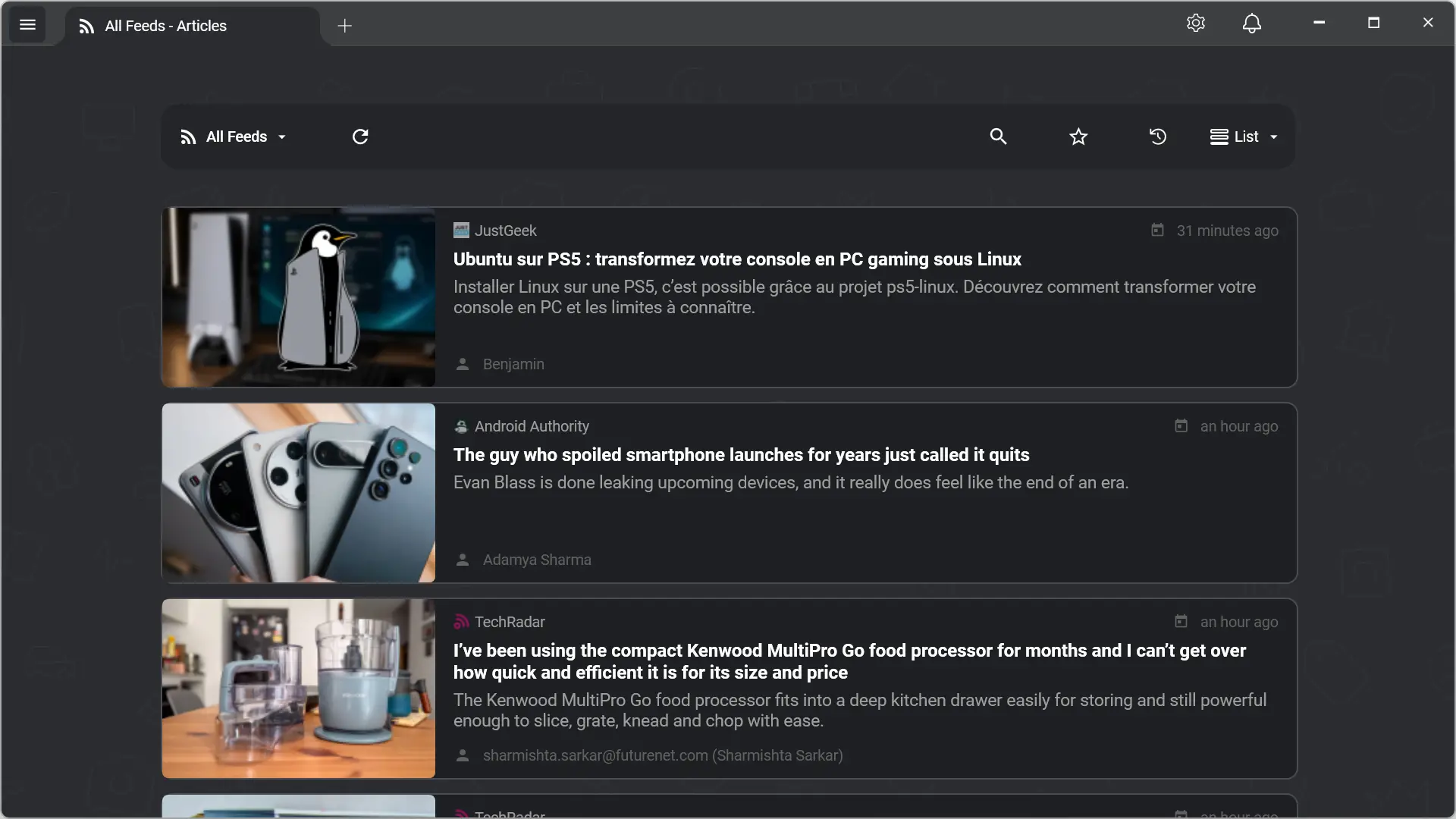 RSSly – Vue liste avec vignettes et extraits d’articles