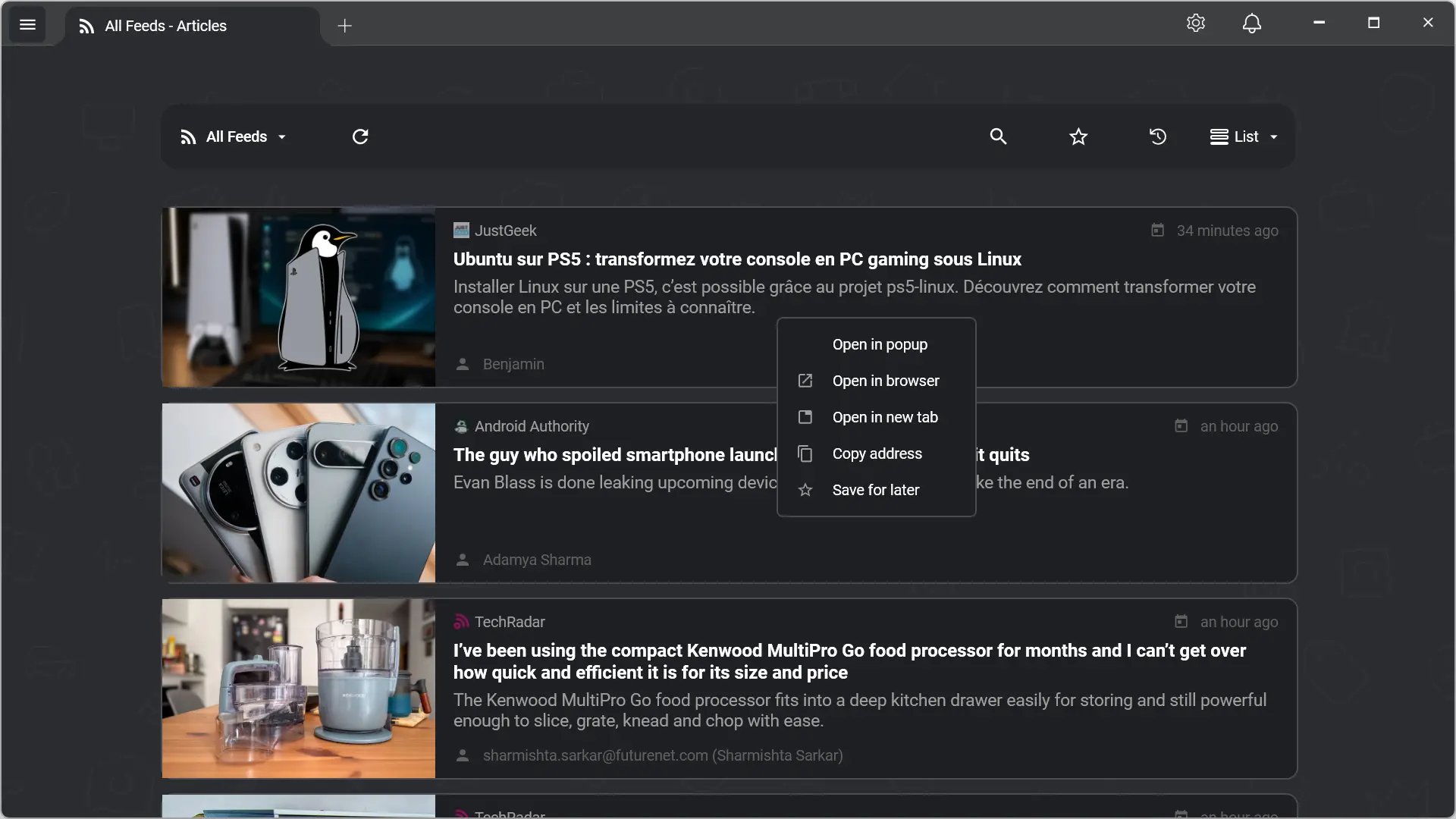 RSSly – menu contextuel avec options pour ouvrir un article