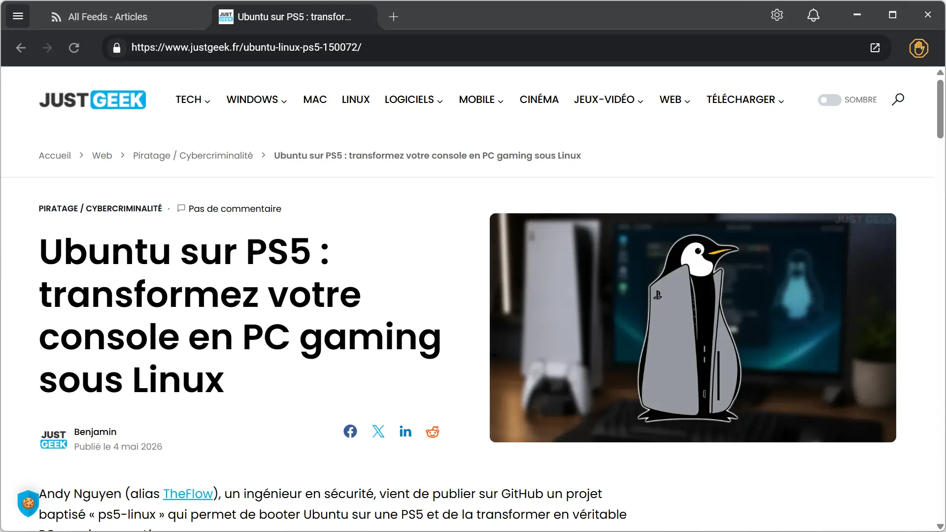 RSSly – ouverture d'un article JustGeek dans un onglet intégré à l'application