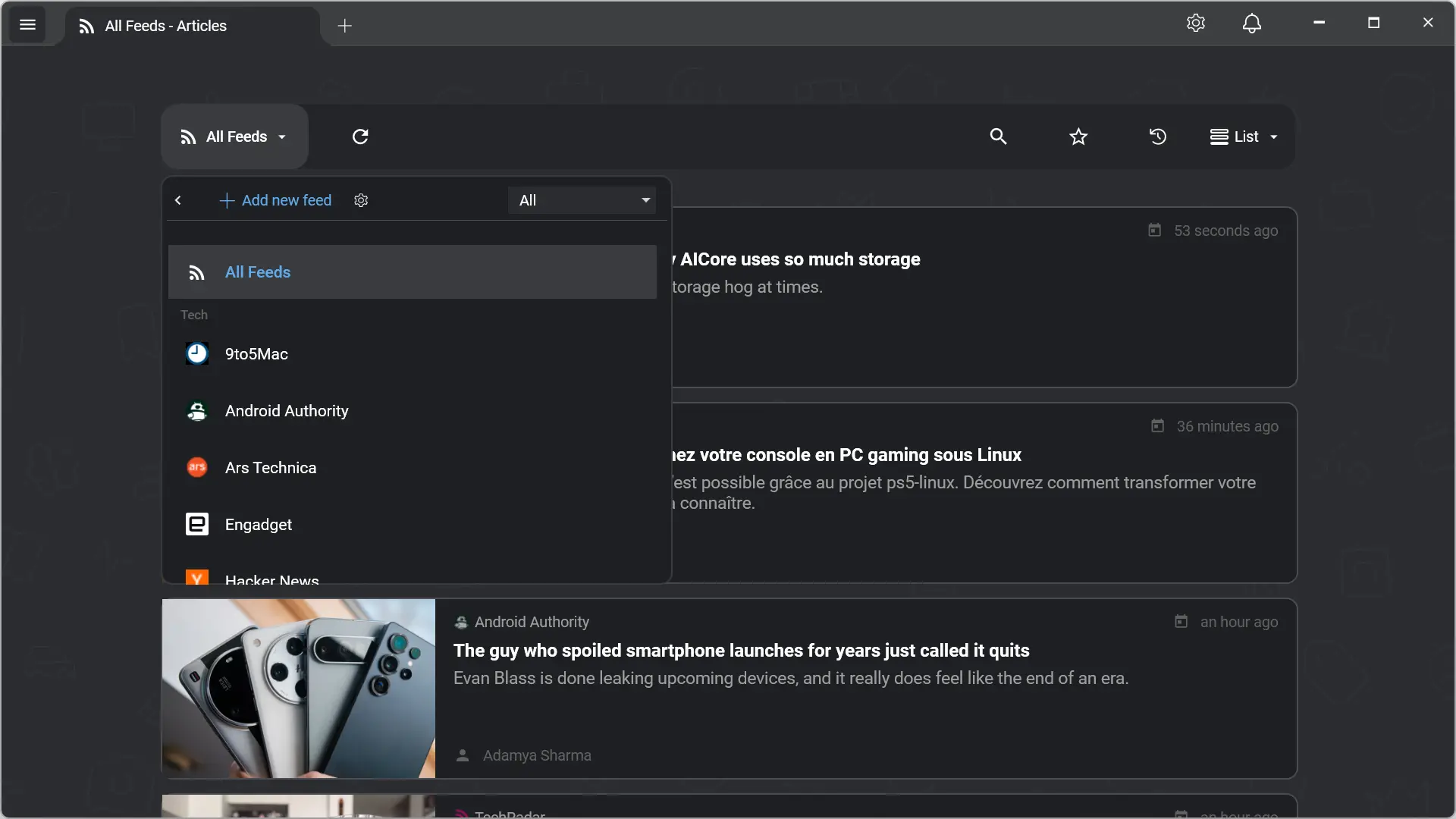RSSly – Panneau de sélection des flux RSS par catégorie