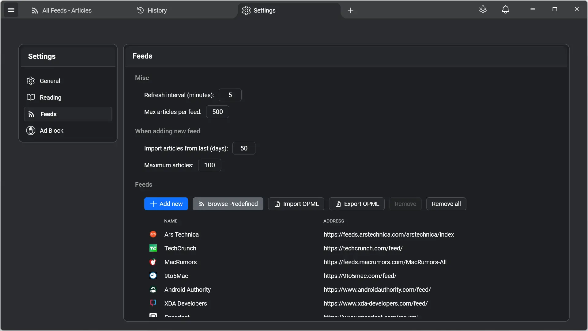 RSSly – Paramètres de gestion des flux RSS avec importation et exportation OPML