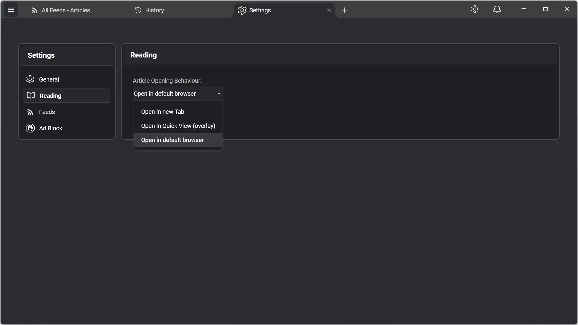 RSSly – options pour ouvrir des articles dans les paramètres de lecture