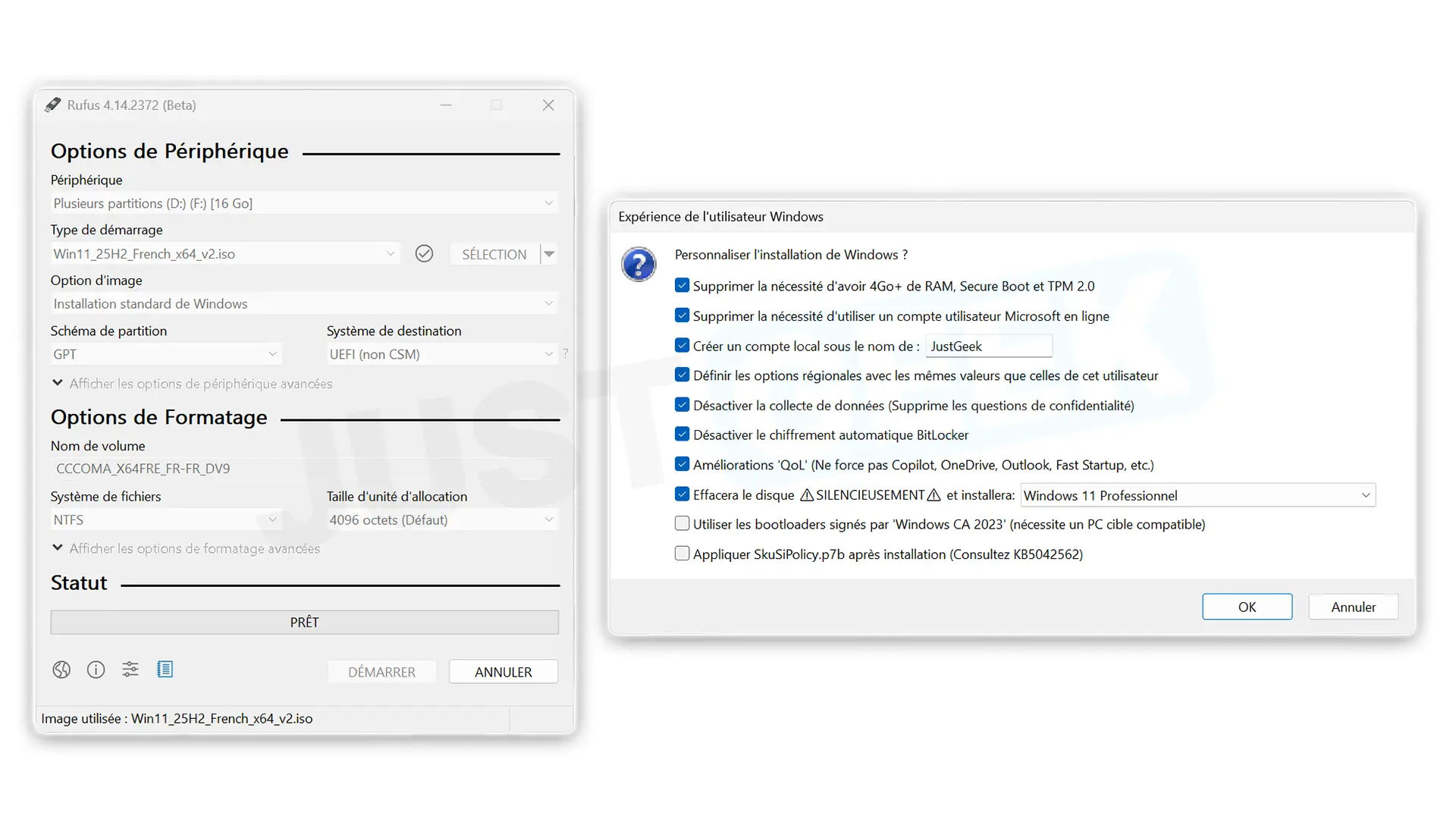 Interface bêta de Rufus 4.14 avec options de qualité de vie et installation silencieuse de Windows 11