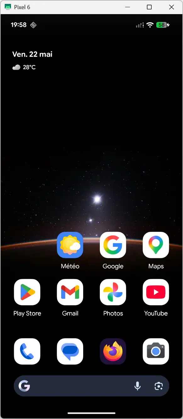 Écran d'un smartphone Android affiché dans Scrcpy sur un PC Windows