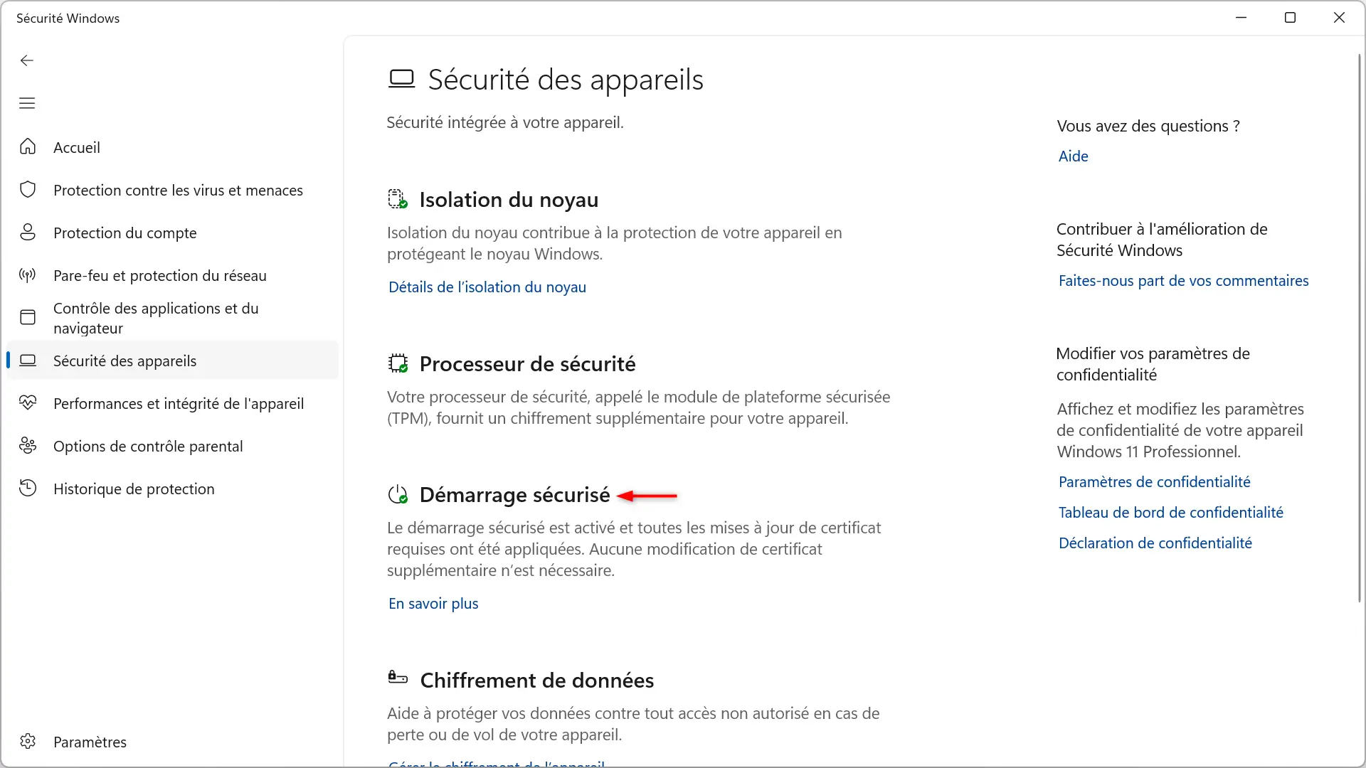 État des certificats Secure Boot et Secure Boot dans l’application Windows Security sous Windows 11