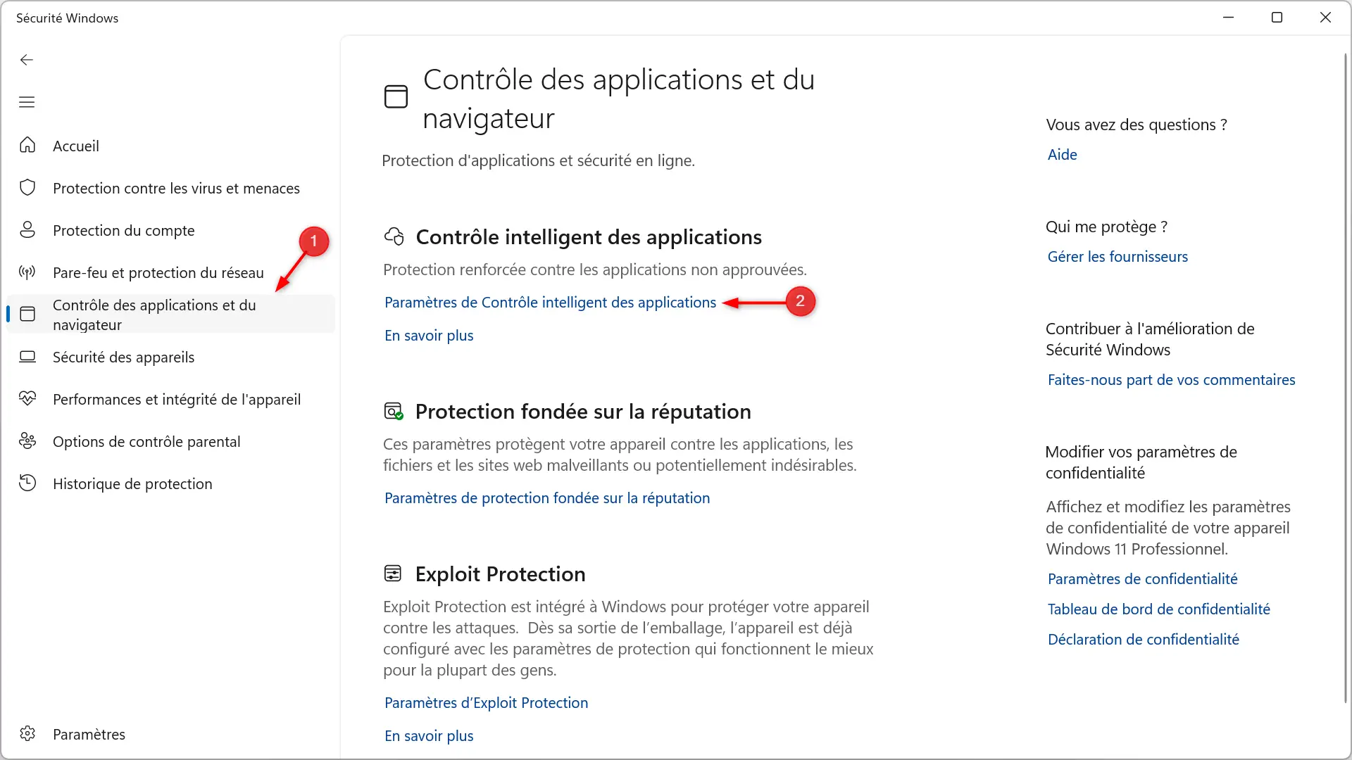 Accès aux paramètres de Smart App Control dans la sécurité Windows sous Windows 11