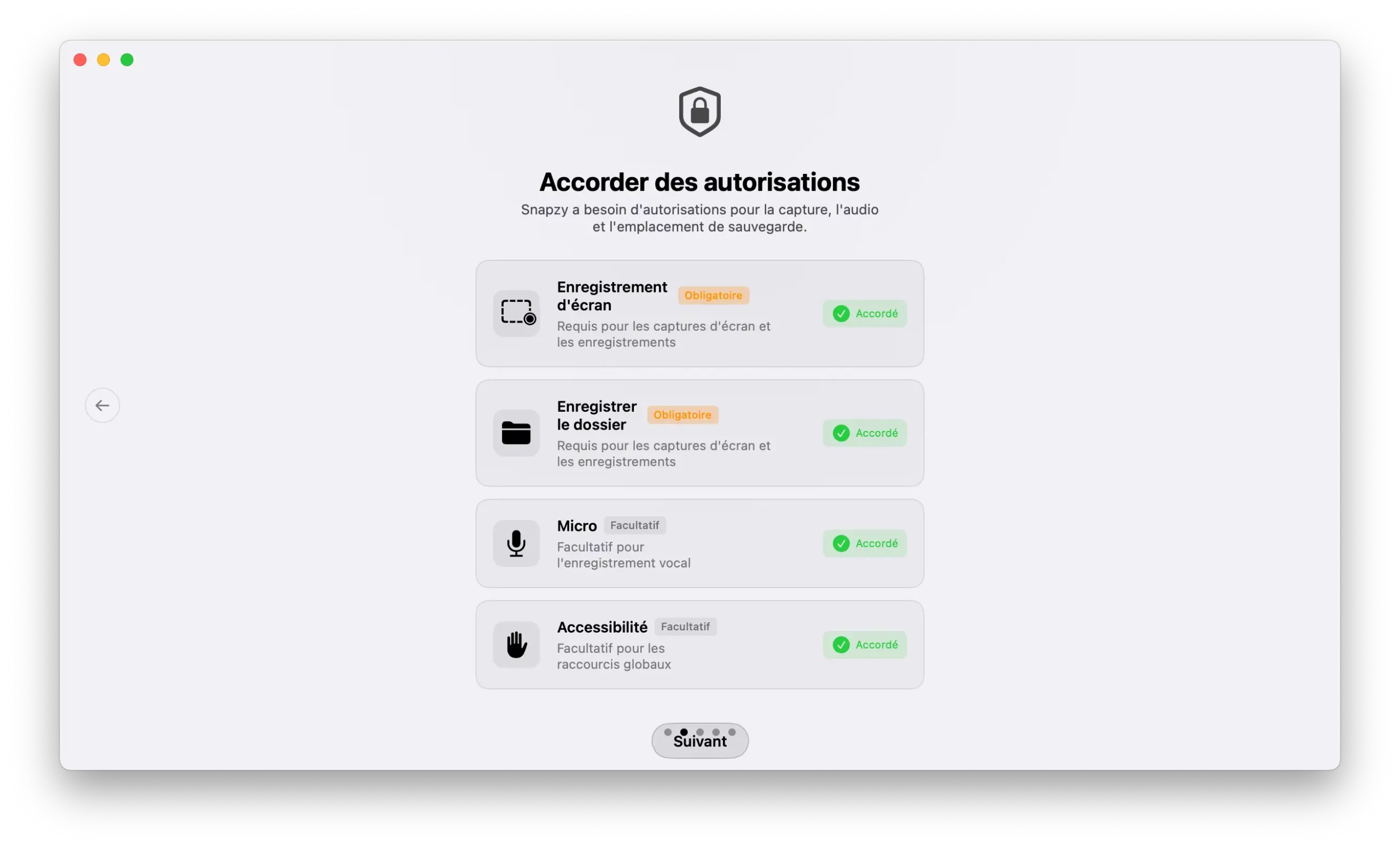 Toutes les autorisations accordées à Snapzy dans l'assistant de configuration sur macOS