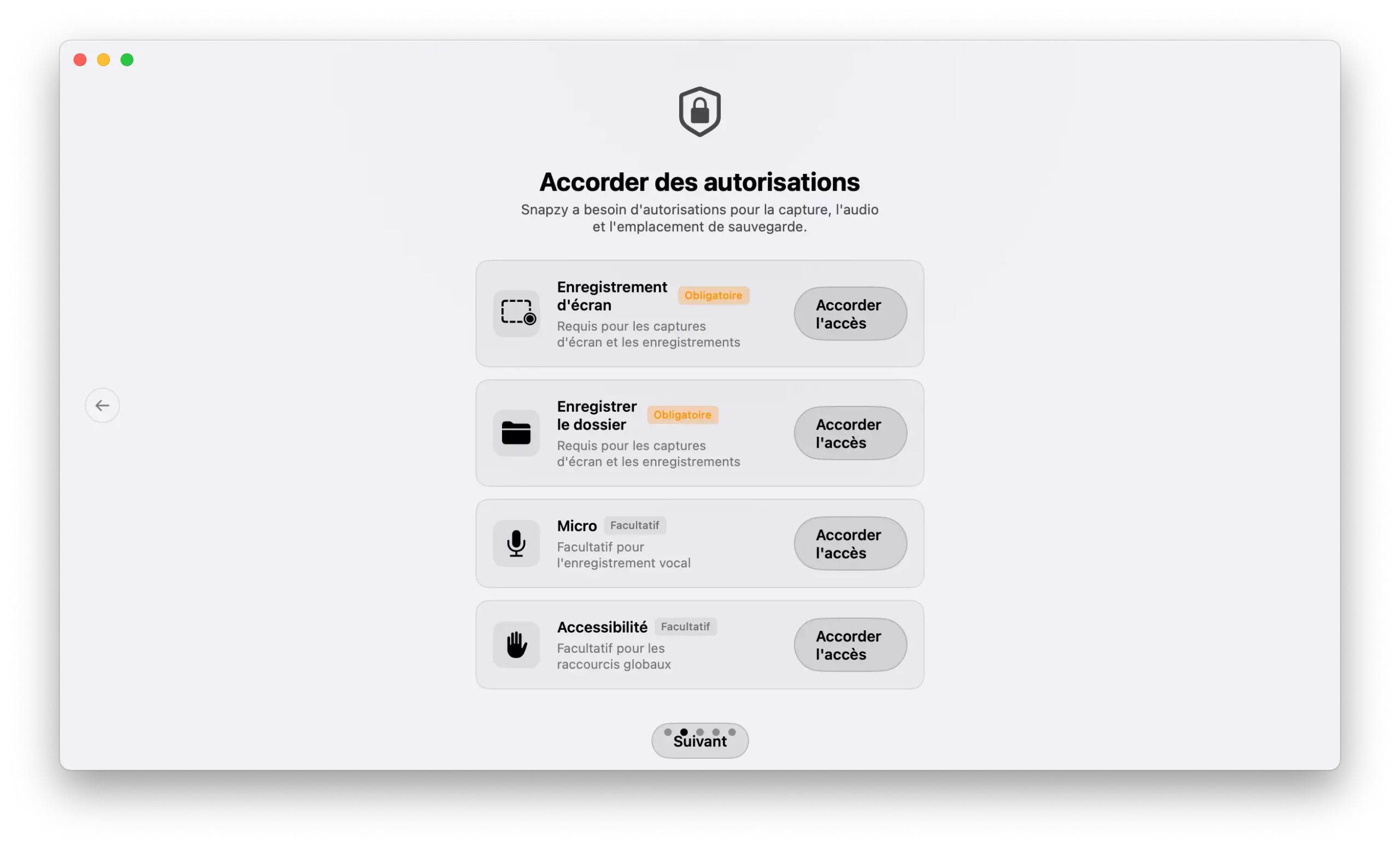 Demander des autorisations dans Snapzy pour l'enregistrement d'écran, le dossier, le micro et l'accessibilité