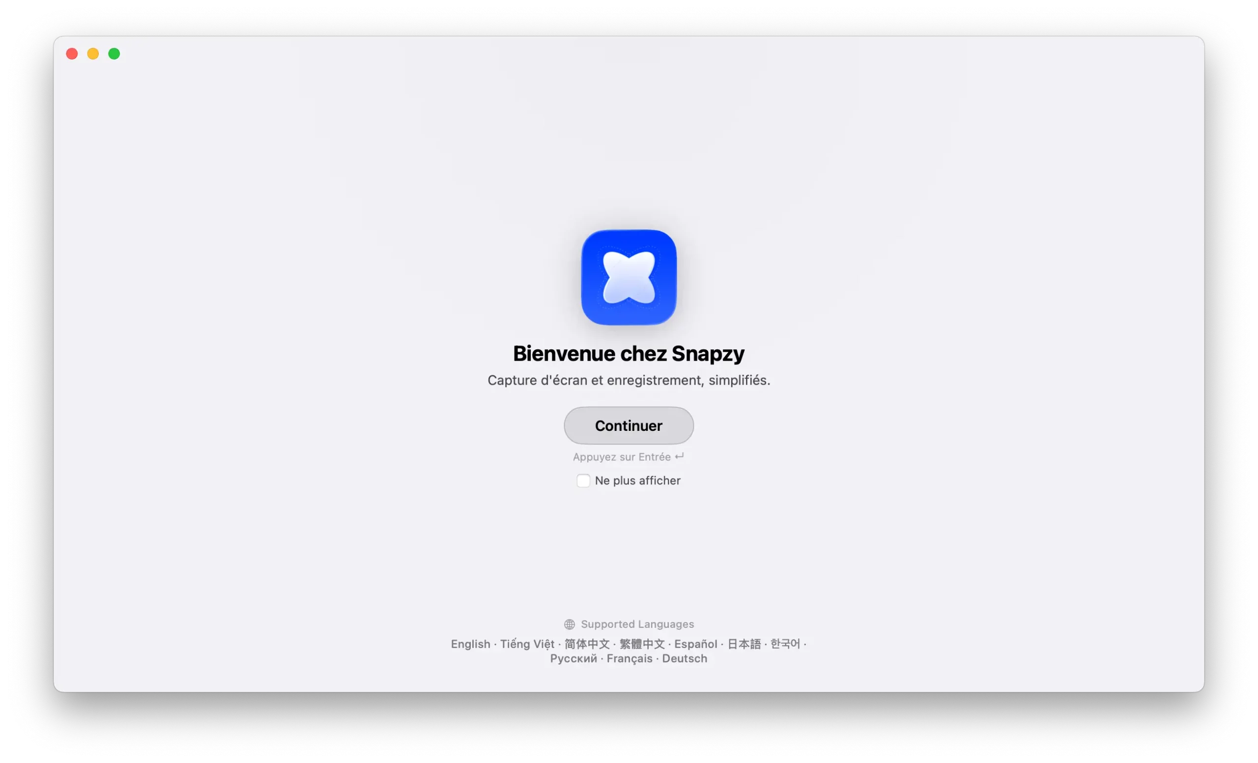 Écran de bienvenue Snapzy au premier lancement sur macOS