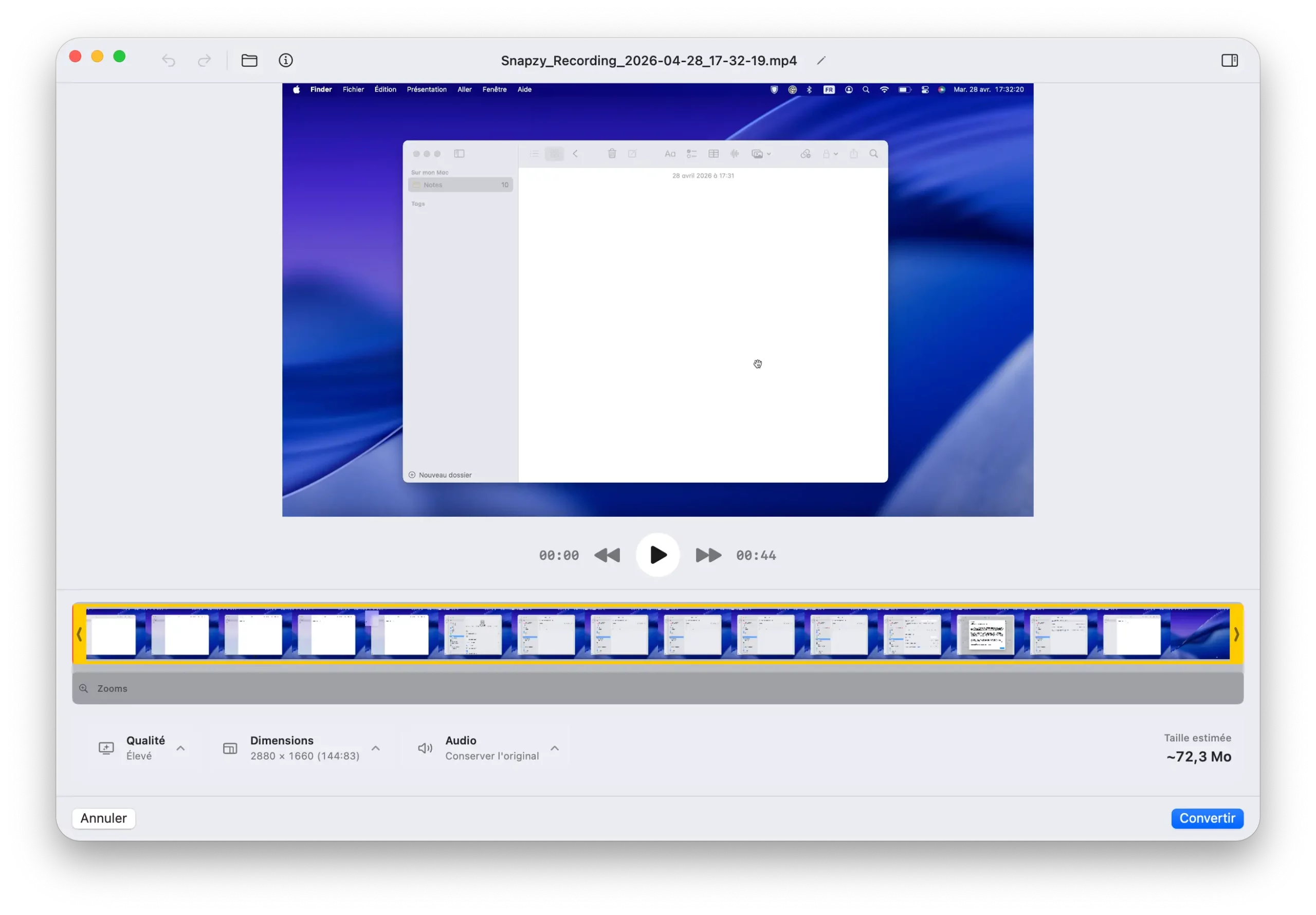 Éditeur vidéo Snapzy avec options de chronologie, de qualité et de conversion sur macOS