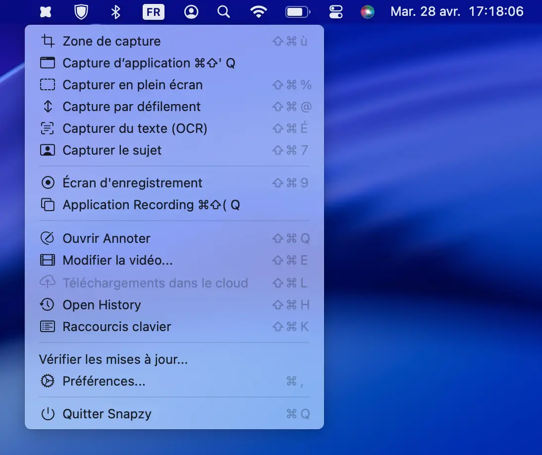Menu Snapzy accessible depuis la barre de menu macOS avec toutes les fonctionnalités disponibles