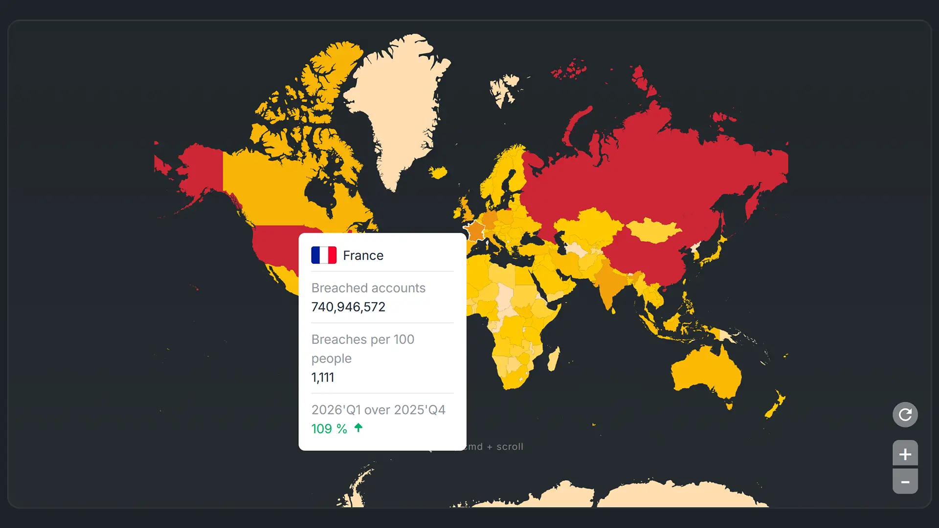 Carte mondiale des fuites de données Surfshark avec focus sur la France : 740 946 572 comptes compromis