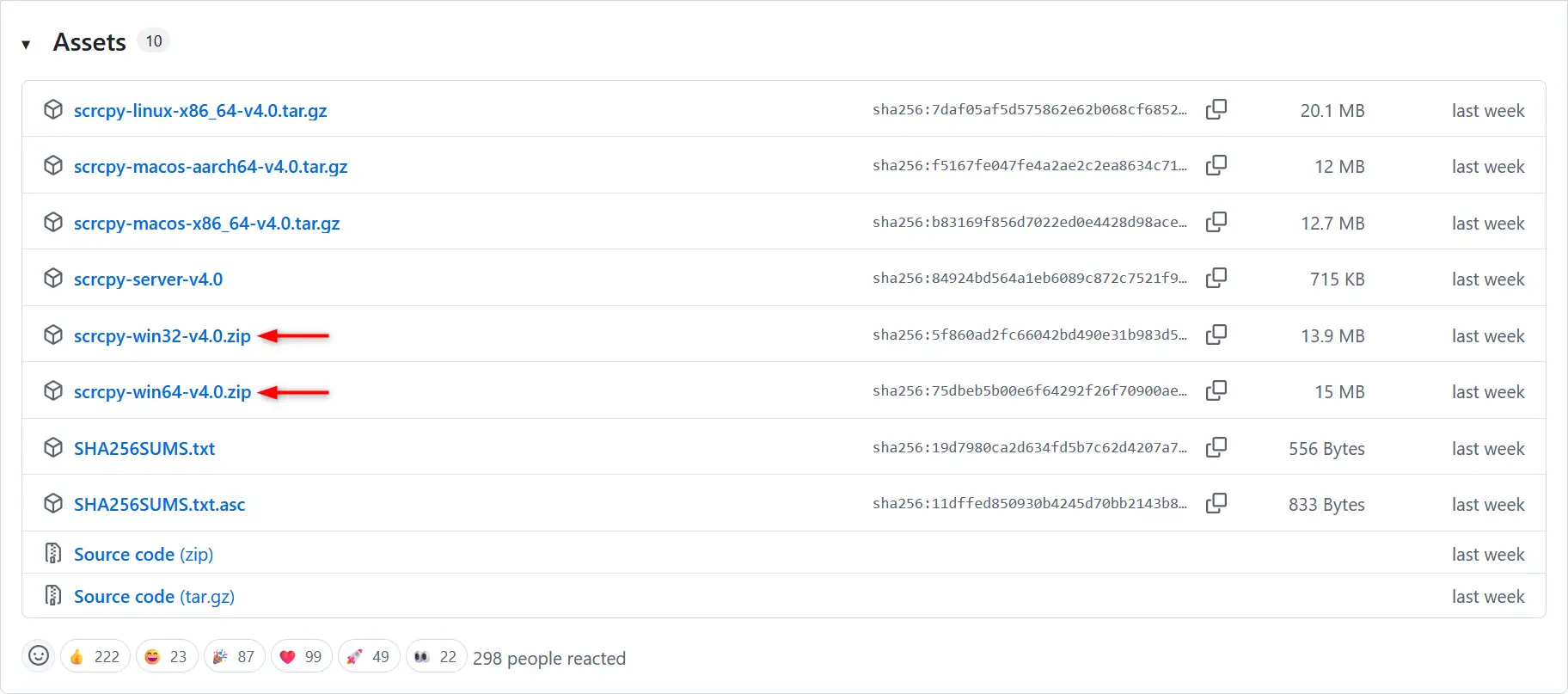Téléchargement de Scrcpy pour Windows à partir de la page officielle GitHub