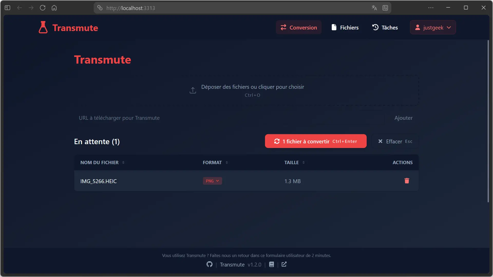 Fichier HEIC ajouté dans Transmute en attente de conversion au format PNG