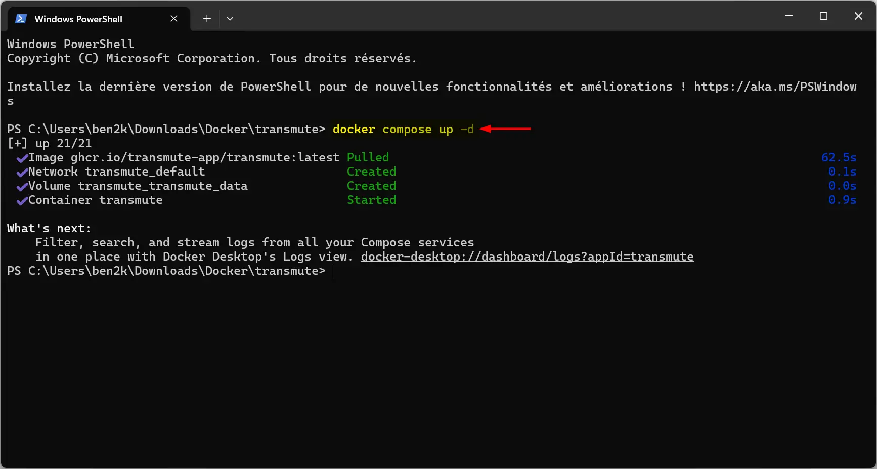 Lancement de Transmute avec docker compose up -d dans PowerShell sous Windows