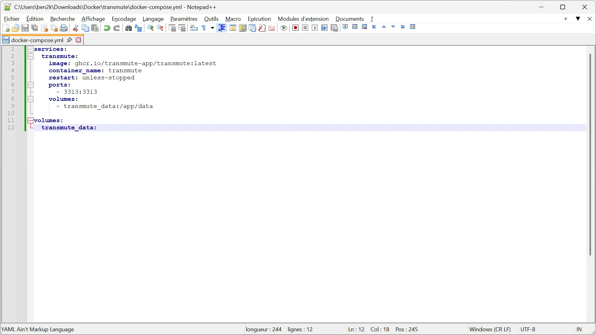 Transmuter le fichier docker-compose.yml ouvert dans Notepad++ sous Windows