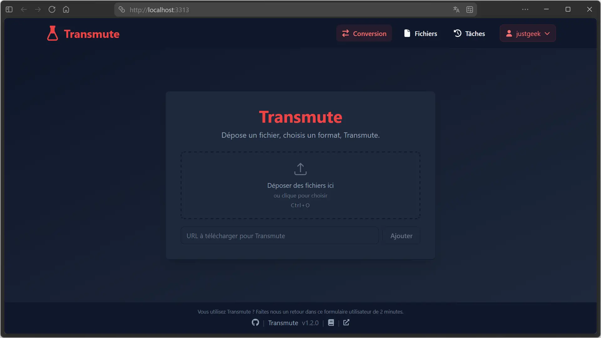 Interface Web Transmute accessible sur localhost:3313 après l'installation