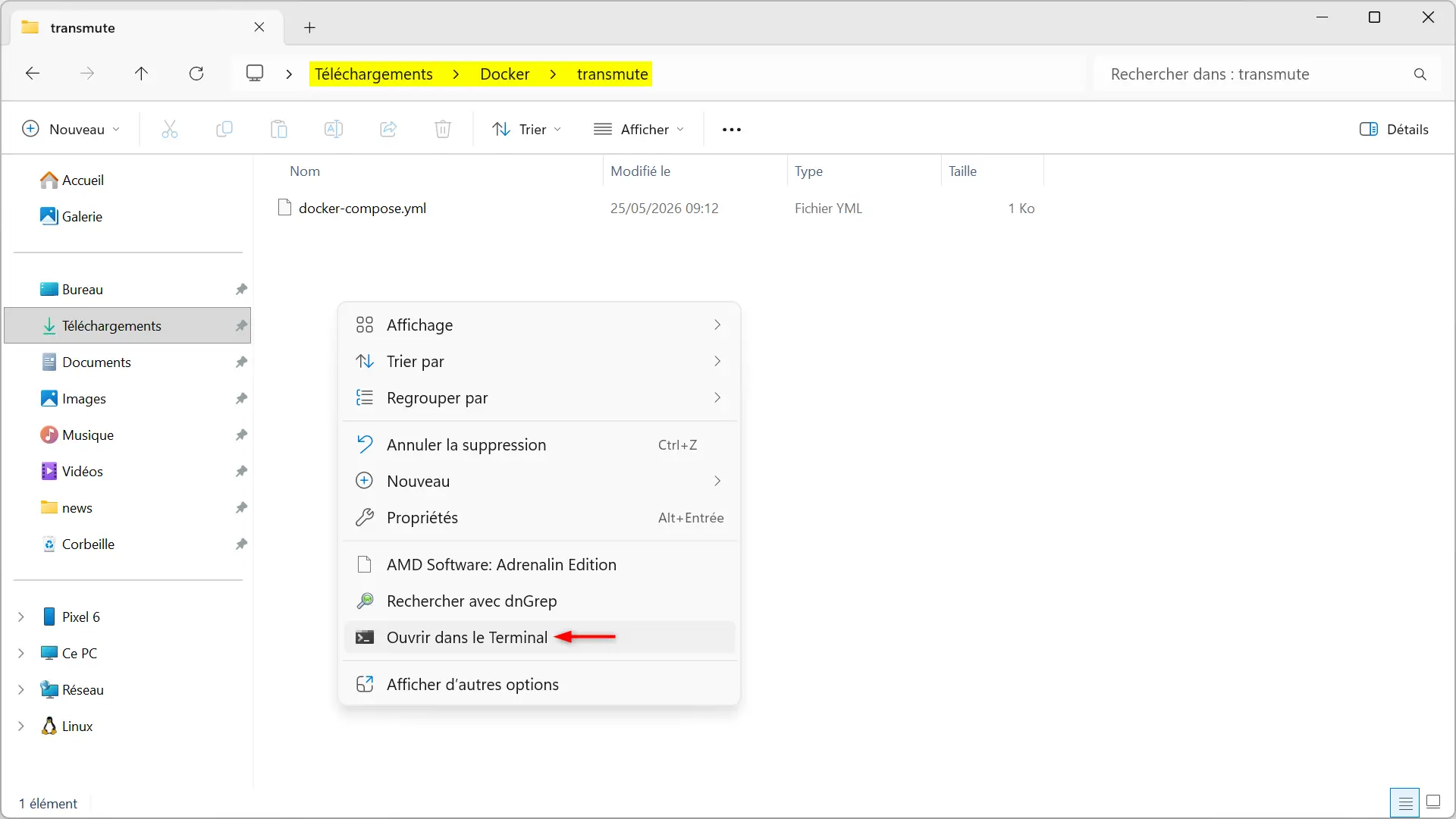 Faites un clic droit dans l'Explorateur Windows pour ouvrir un terminal dans le dossier Transmute
