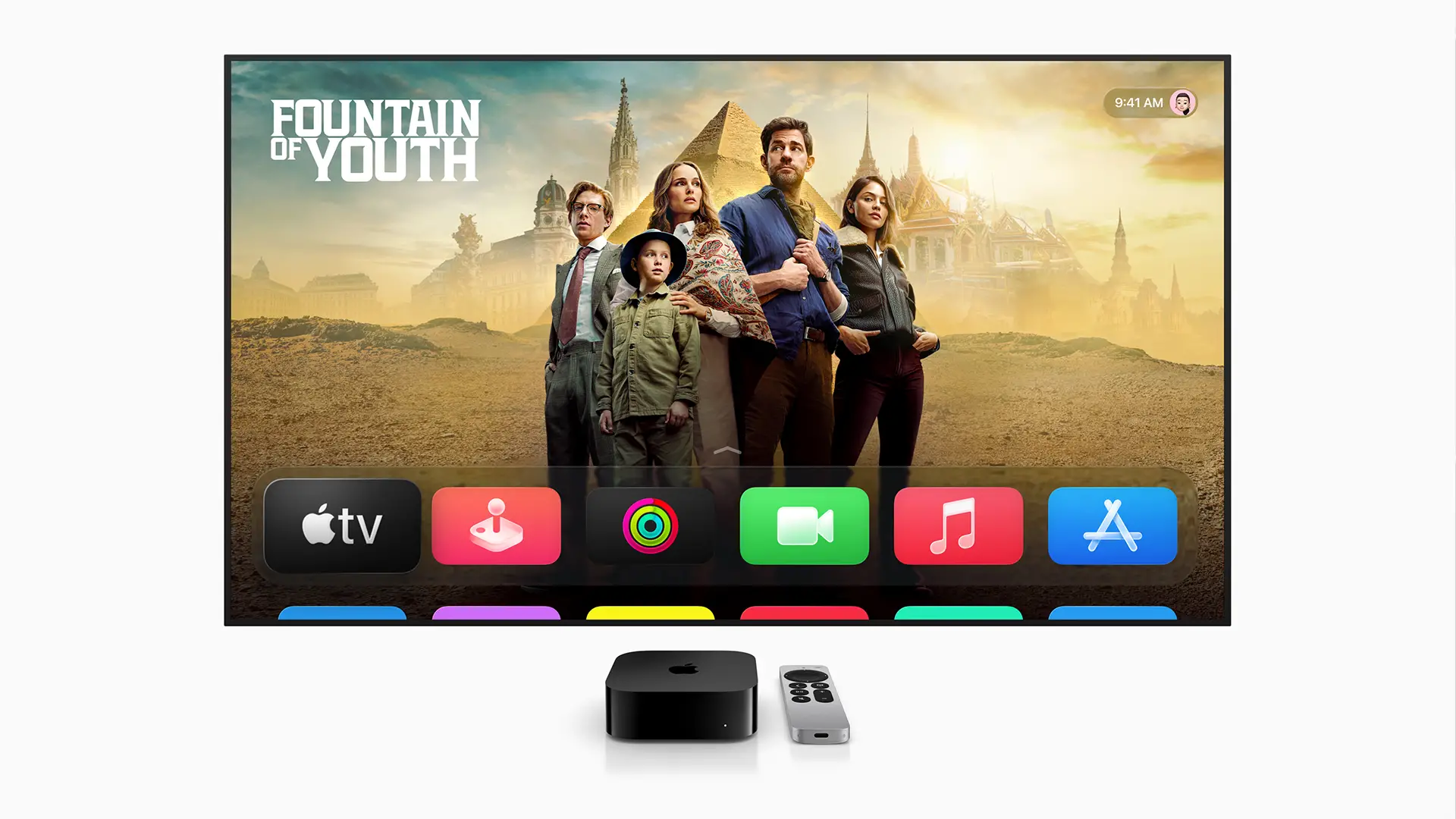 Nouvelle interface tvOS 18 affichée sur Apple TV avec la série « Fontaine de Jouvence »