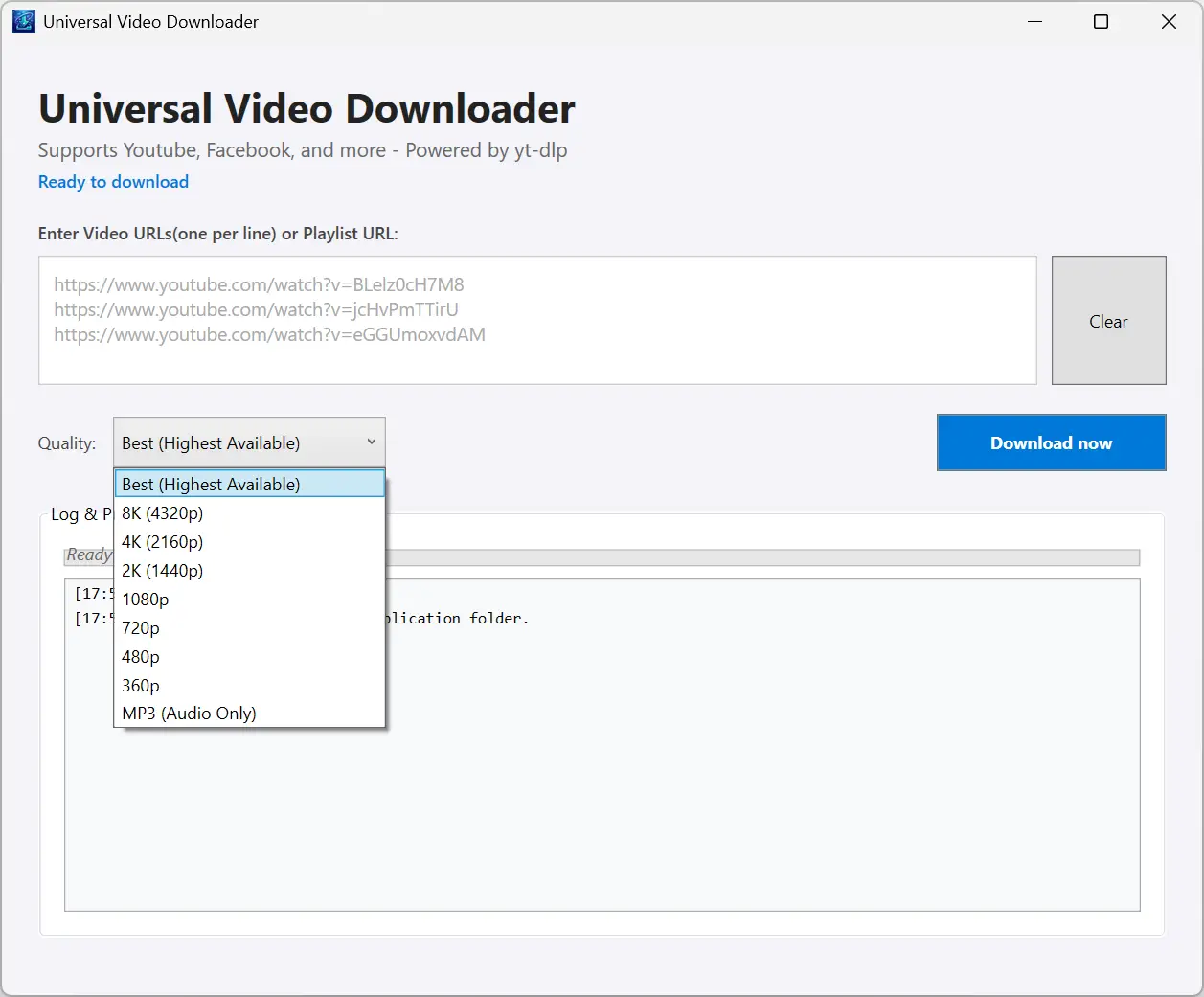 Menu de sélection de la qualité vidéo dans Universal Video Downloader