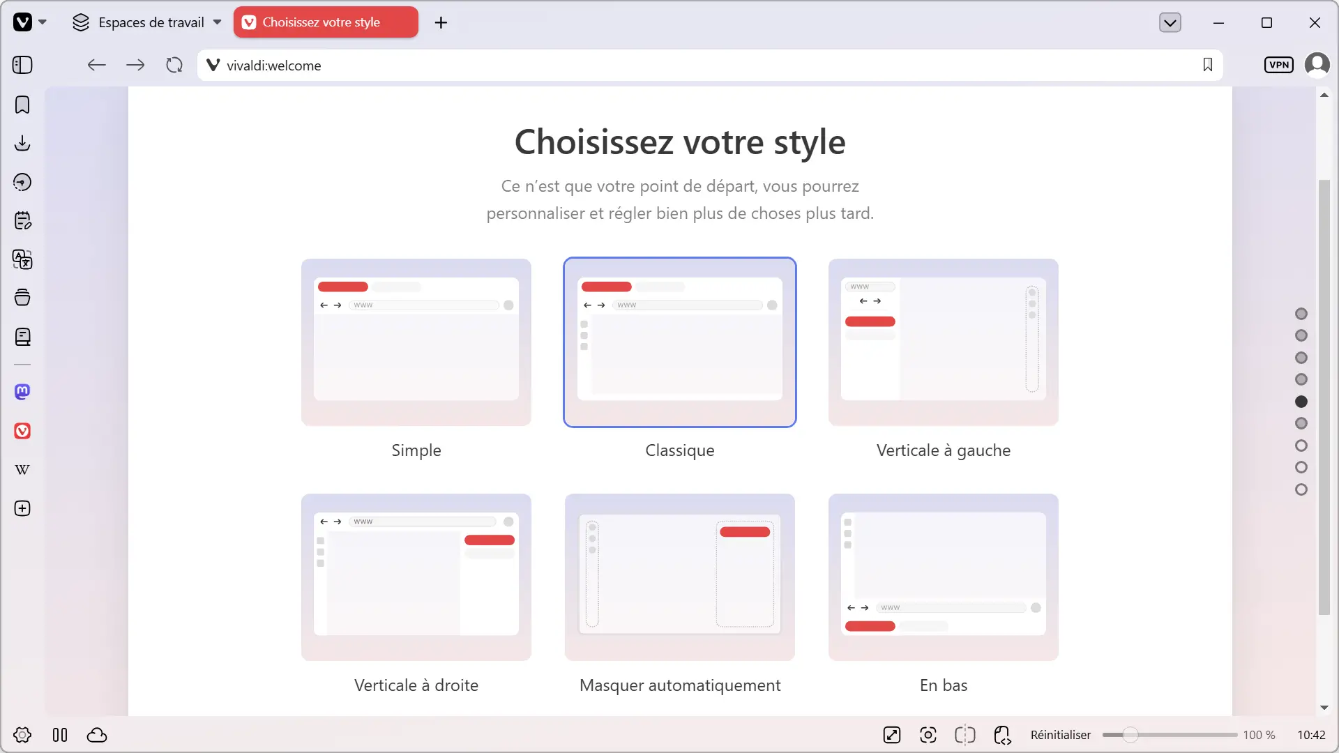 Écran de sélection des six dispositions de Vivaldi 8.0 lors de l'installation : Simple, Classique, Vertical gauche, Vertical droite, Masquer automatiquement, Bas