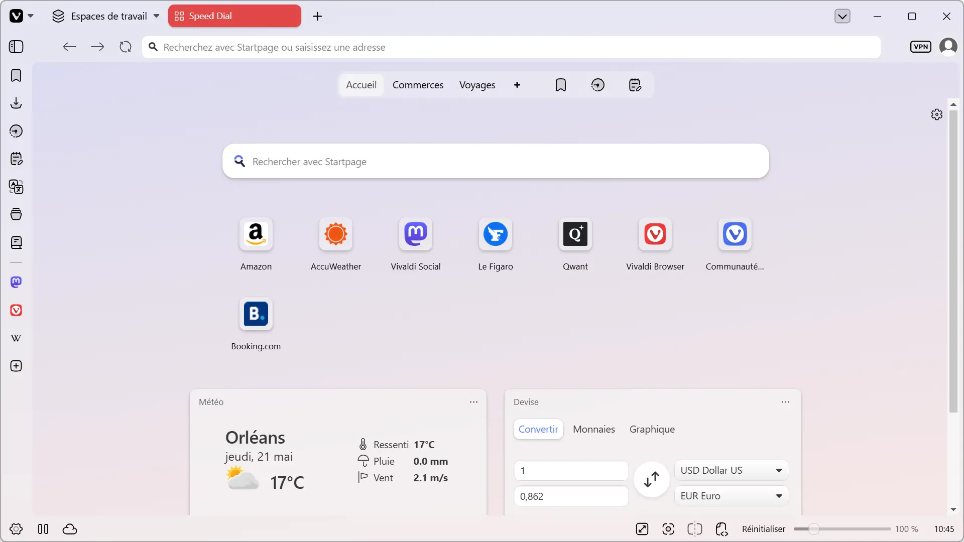 Vivaldi 8.0 avec disposition classique, barre d'onglets supérieure et panneaux latéraux