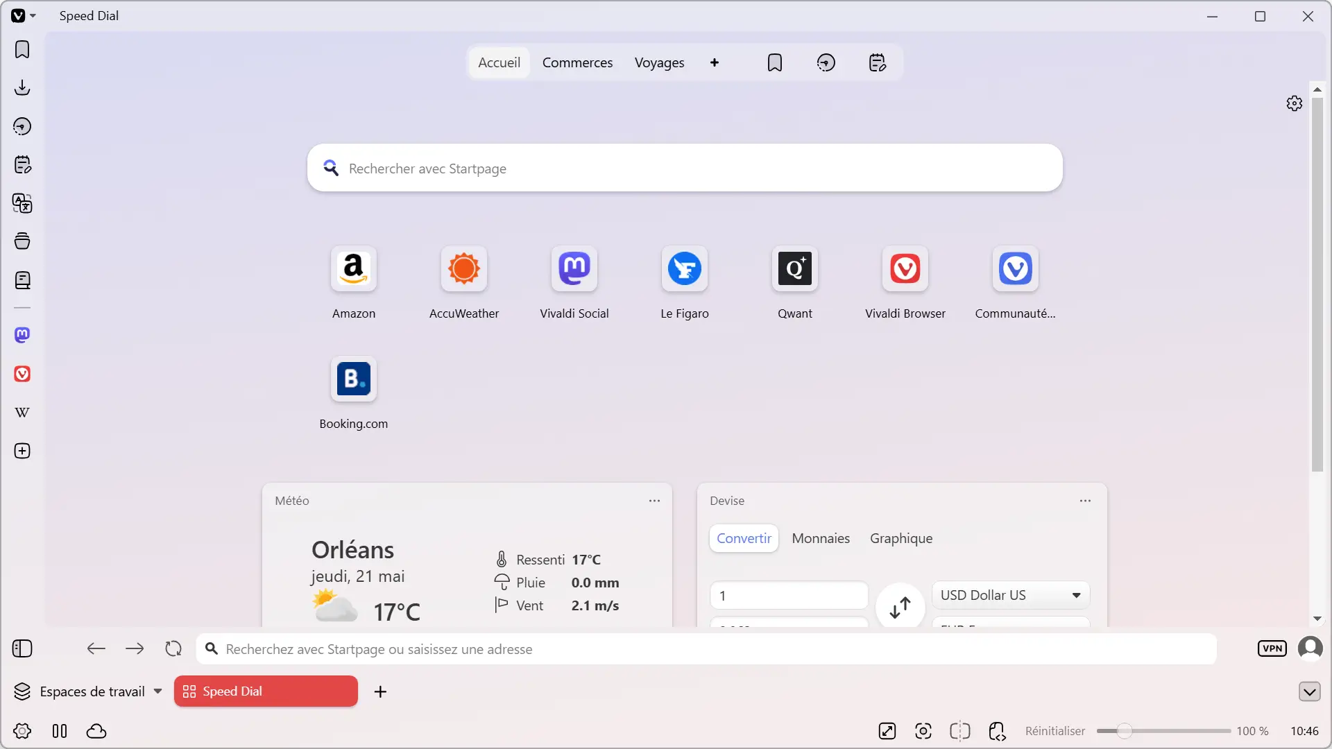 Vivaldi 8.0 avec disposition « Bas » : barre d'onglets et barre d'adresse déplacées en bas de la fenêtre