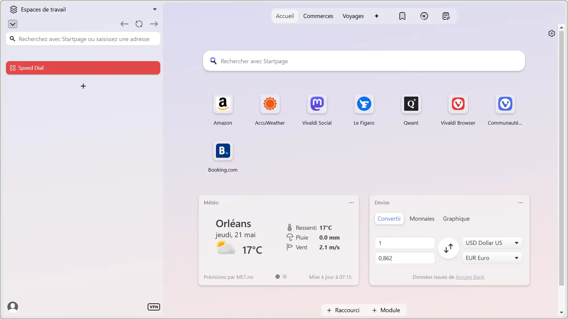 Vivaldi 8.0 avec disposition verticale à gauche, barre d'onglets et barre d'adresse sur le côté gauche
