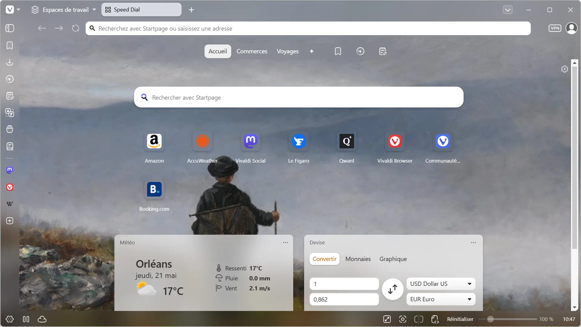 Vivaldi 8.0 avec thème Soria Moria, fond de peinture classique intégré à l'interface unifiée