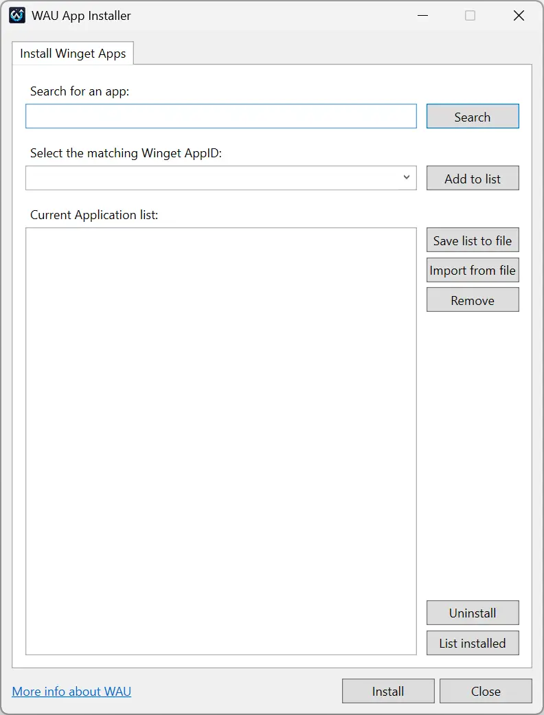Interface vierge de WAU App Installer pour installer des applications via Winget sans ligne de commande
