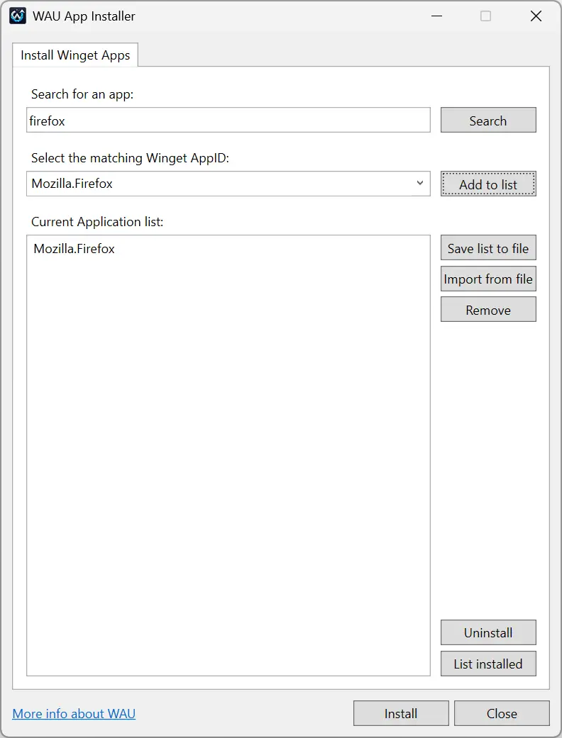Programme d'installation de l'application WAU avec une recherche Firefox et un identifiant Mozilla.Firefox sélectionné