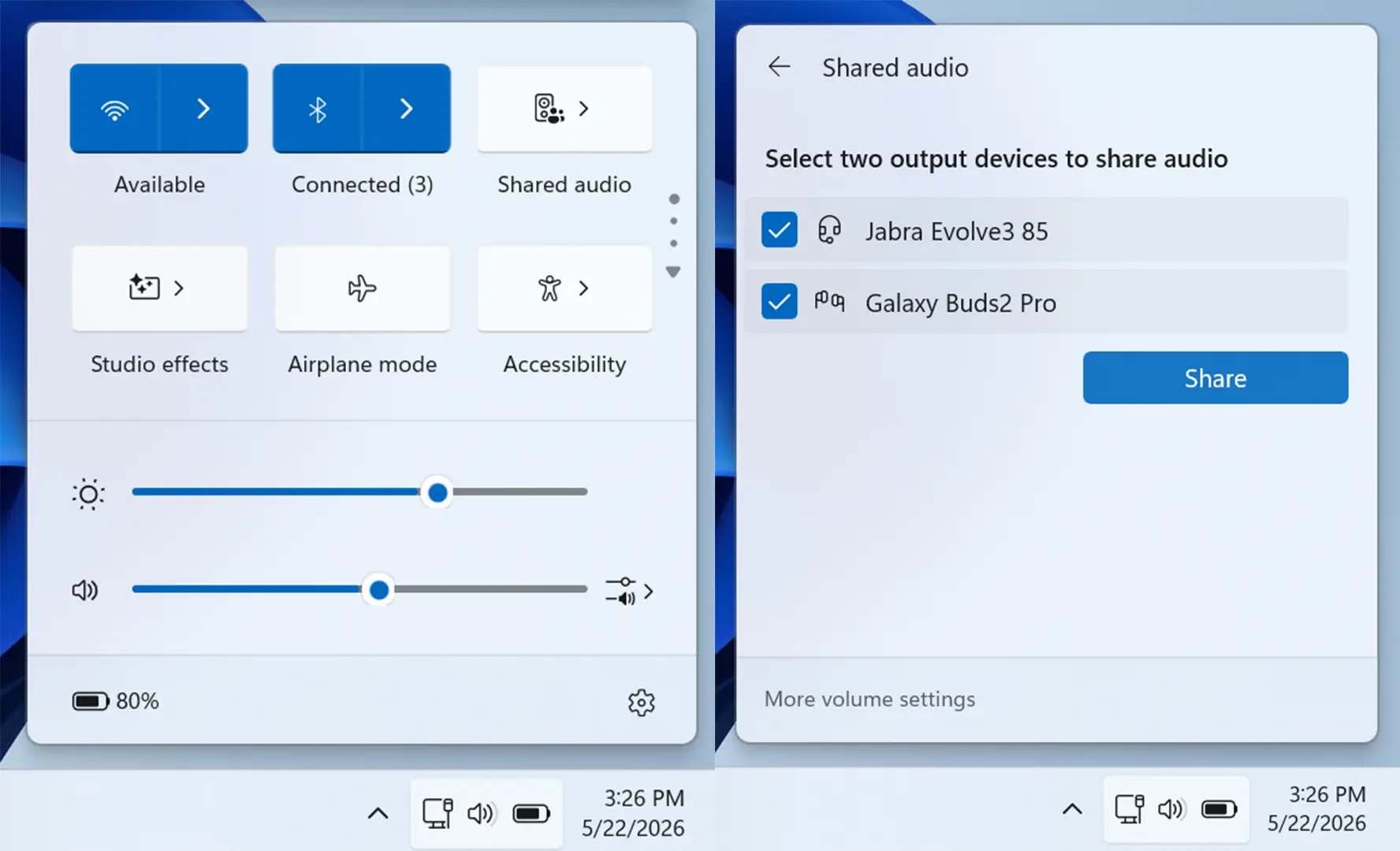 Fonctionnalité audio partagée dans les paramètres rapides de Windows 11 avec deux appareils Bluetooth sélectionnés