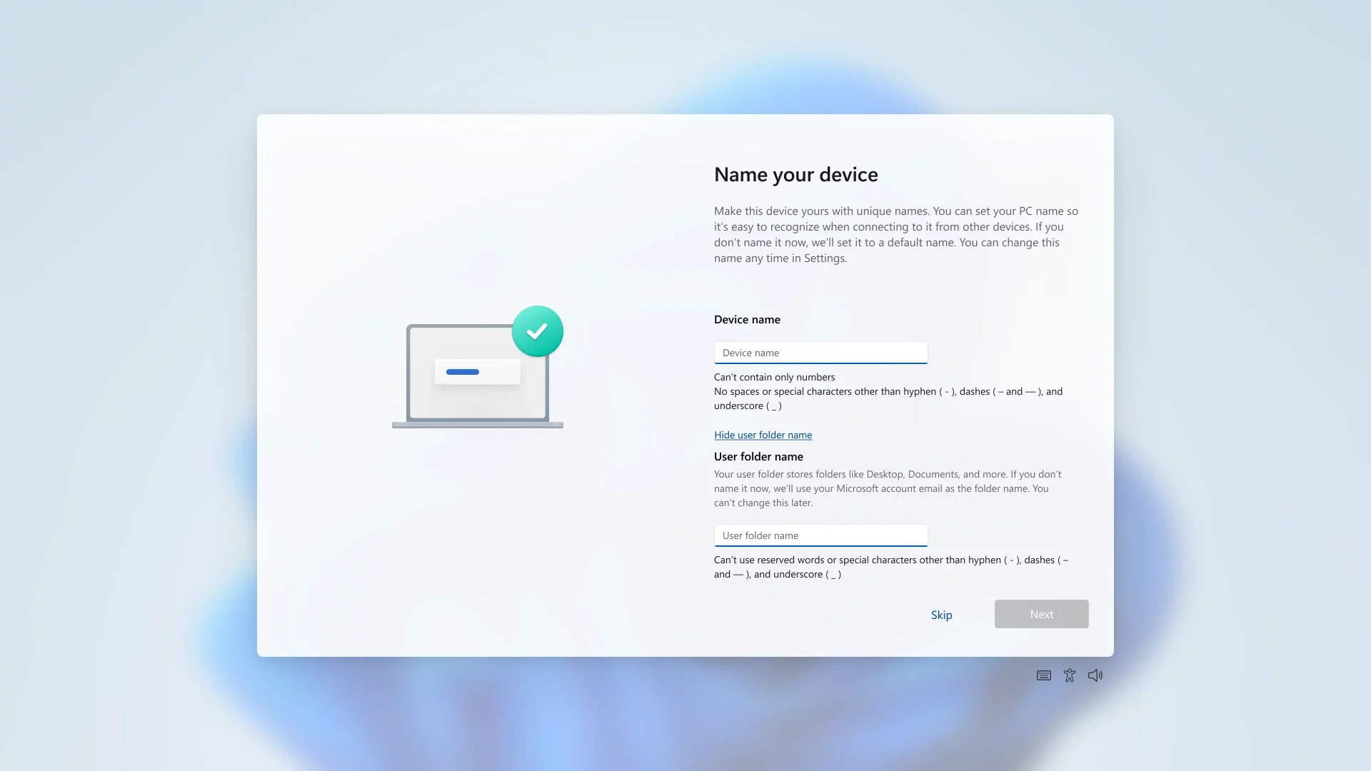 Écran de configuration de Windows 11 pour choisir le nom du dossier utilisateur lors de l'installation