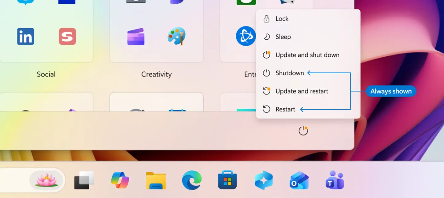 Windows 11 - Menu d'alimentation avec options de redémarrage et d'arrêt toujours visibles, quelles que soient les mises à jour