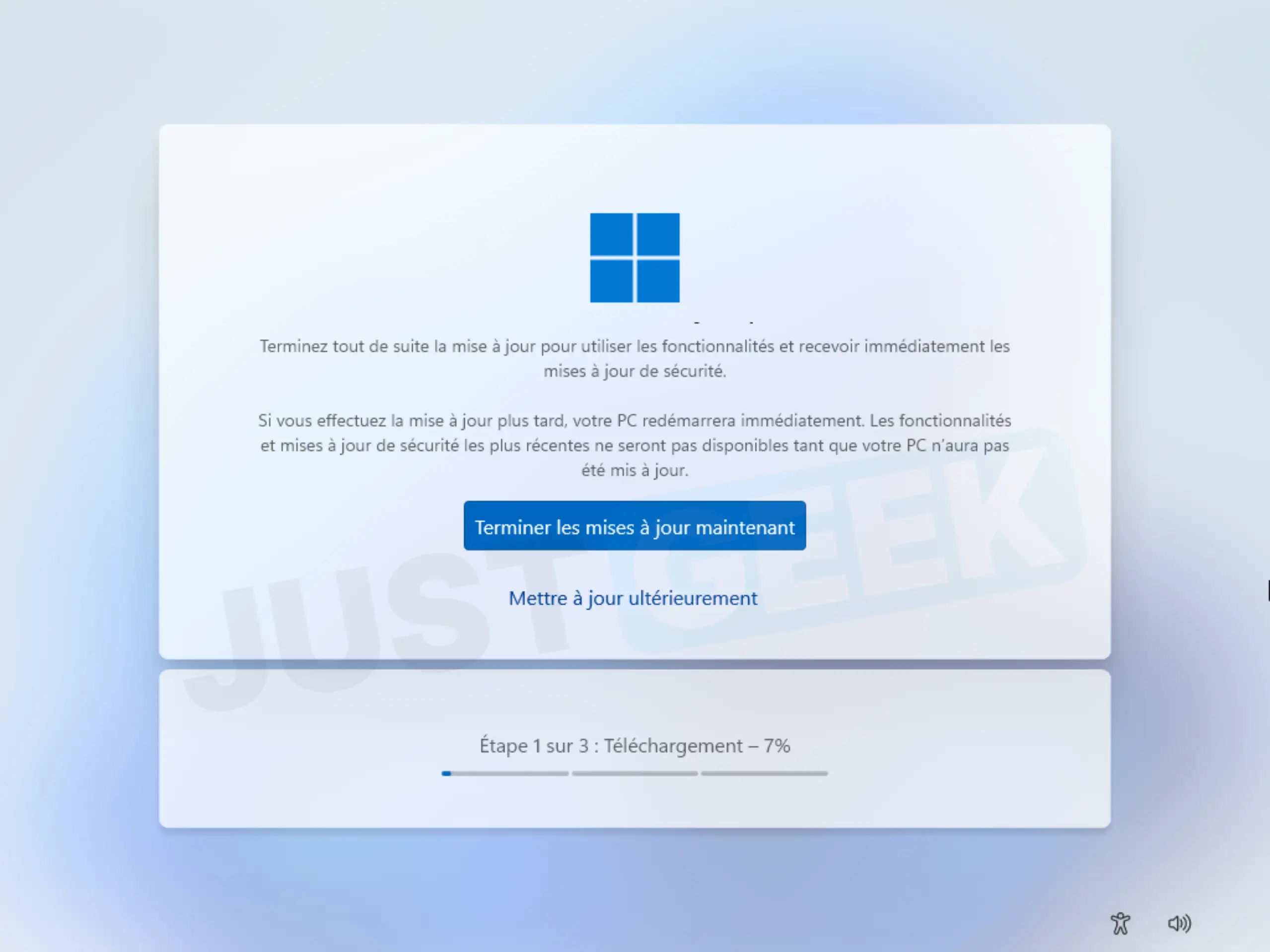Écran de confirmation de Windows 11 proposant de terminer les mises à jour maintenant ou de les reporter