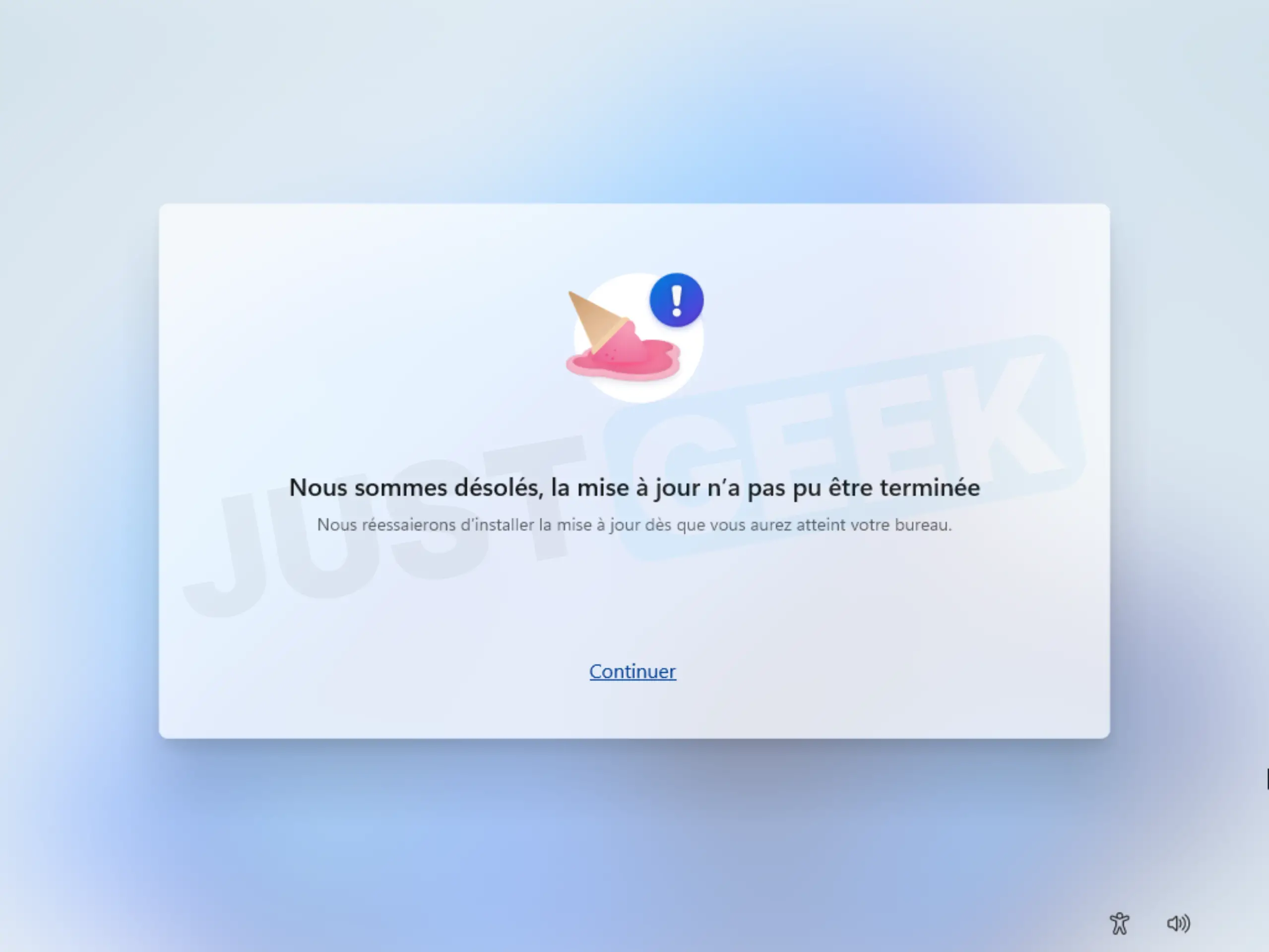 Message d'erreur Windows 11 indiquant que la mise à jour n'a pas pu être terminée lors de la configuration initiale