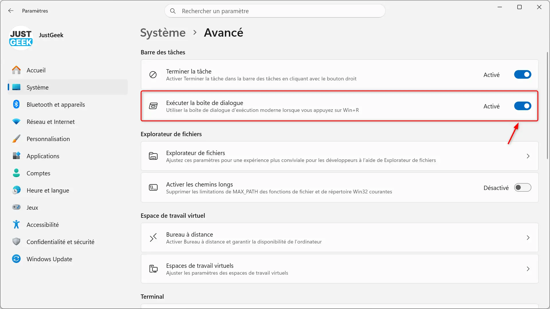 Activez la nouvelle boîte de dialogue Exécuter dans les paramètres avancés de Windows 11