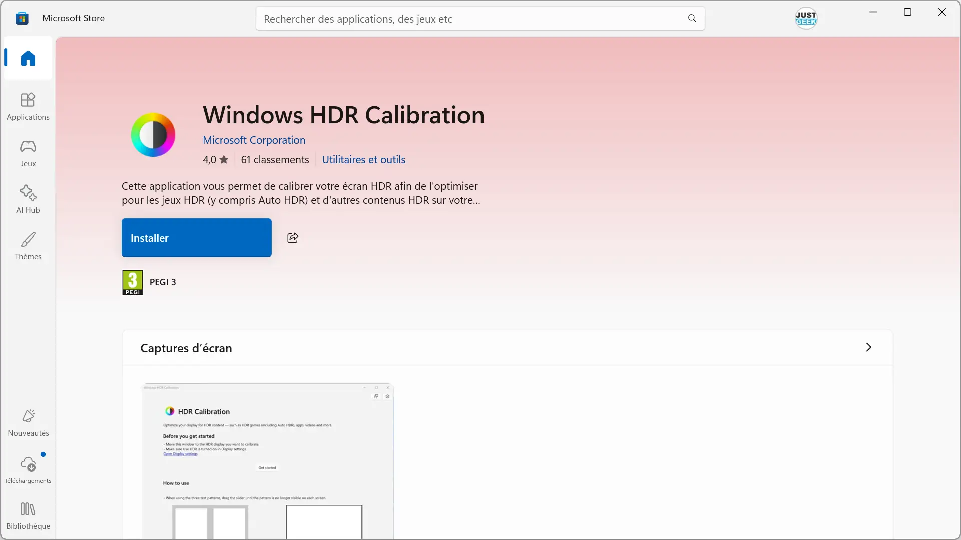 Téléchargement de l'application Windows HDR Calibration depuis le Microsoft Store