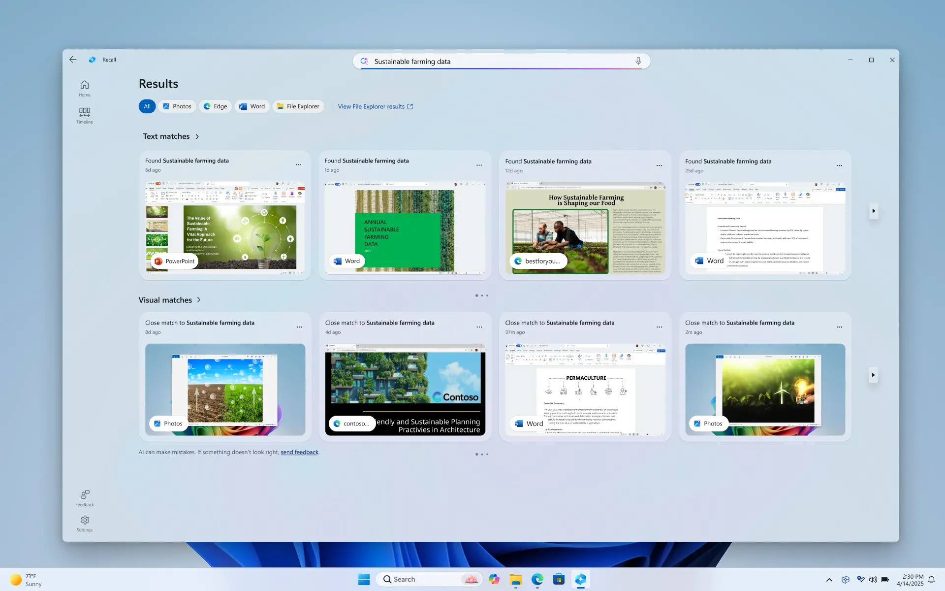 Interface Windows Recall affichant les résultats de recherche textuels et visuels pour « Données agricoles durables »